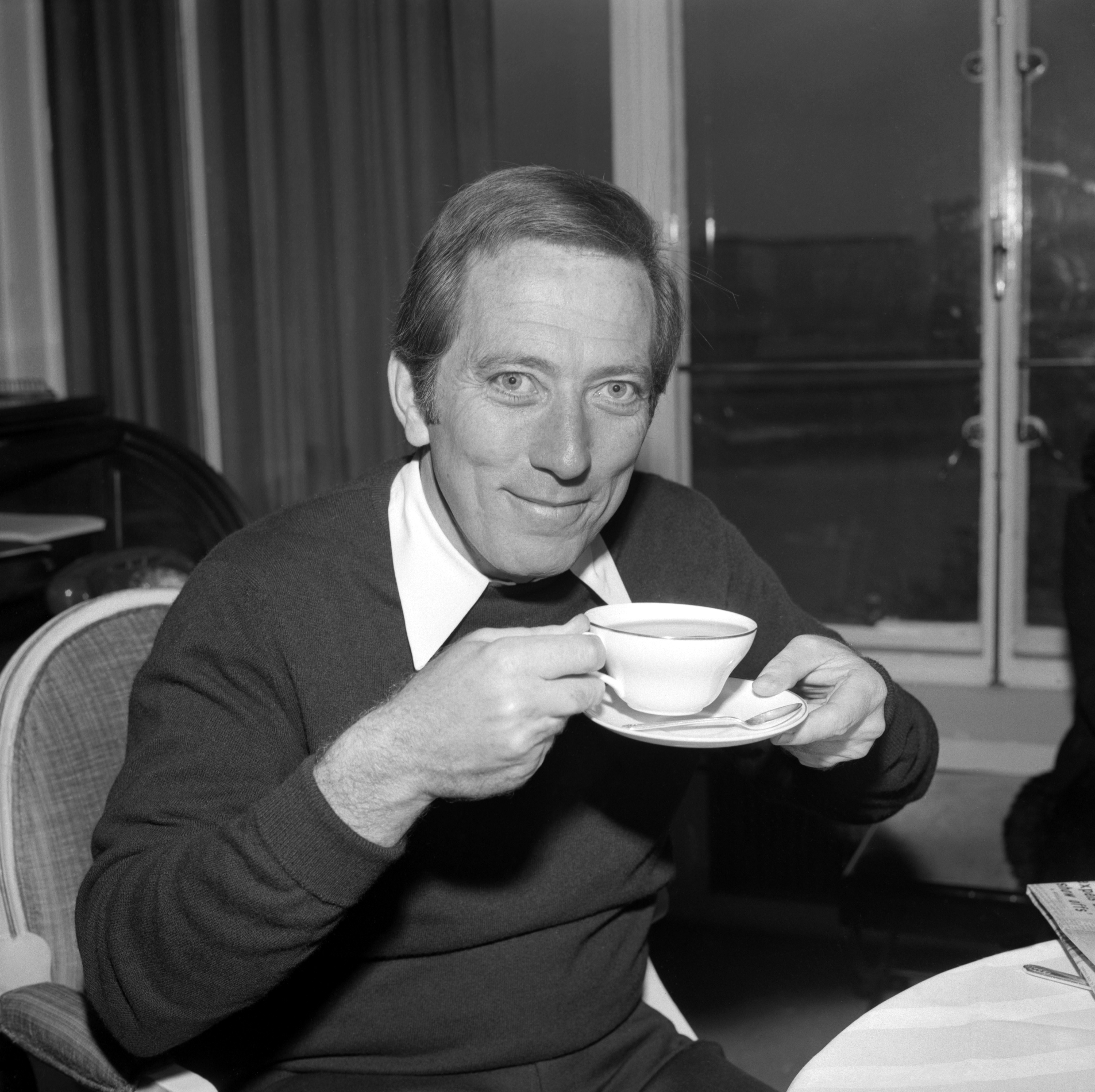 "I Want to Be Free" singer Andy Williams holding a cup of tea