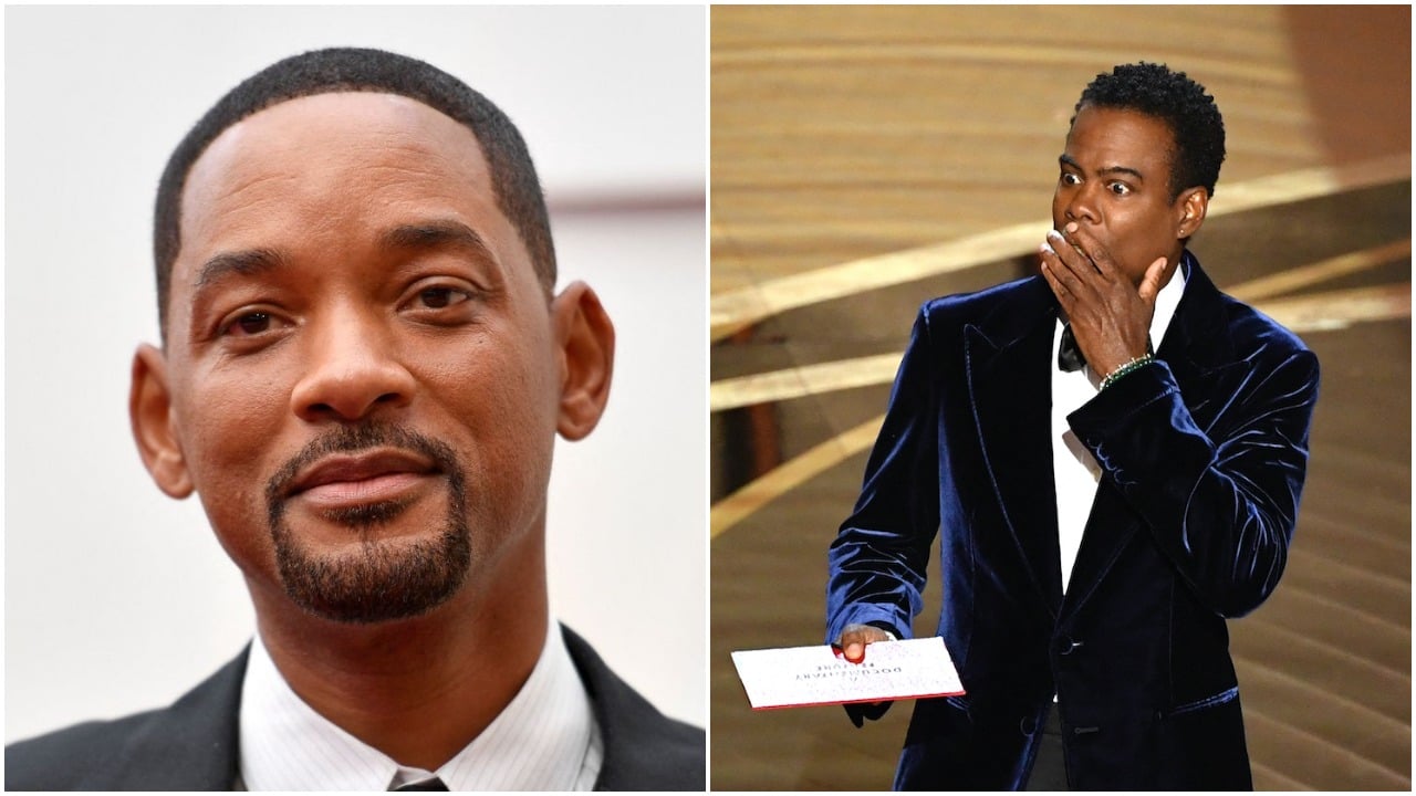 Will Smith arrives at the 2022 Academy Awards; Chris Rock moments after Smith slapped him during an Oscar presentation.