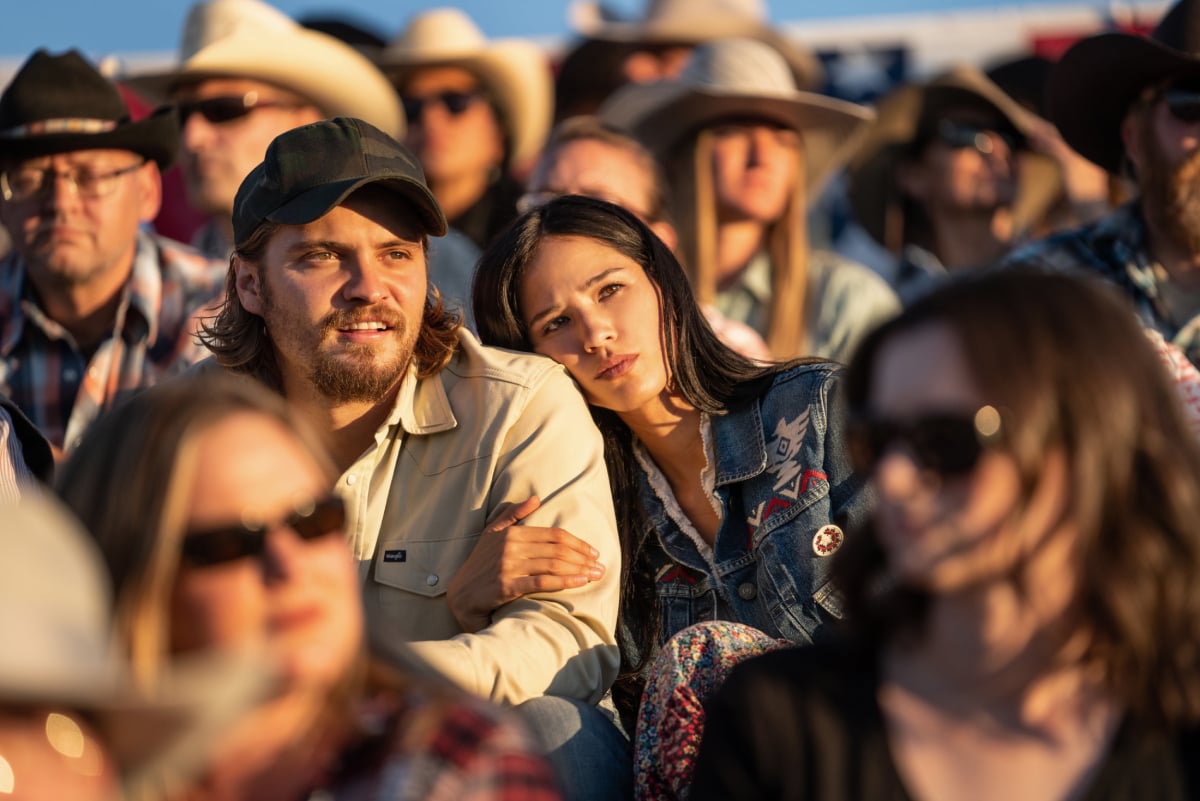 Yellowstone season 5 stars Luke Grimes and Kelsey Asbille as Kayce and Monica Dutton in an image from the Paramount Network hit.