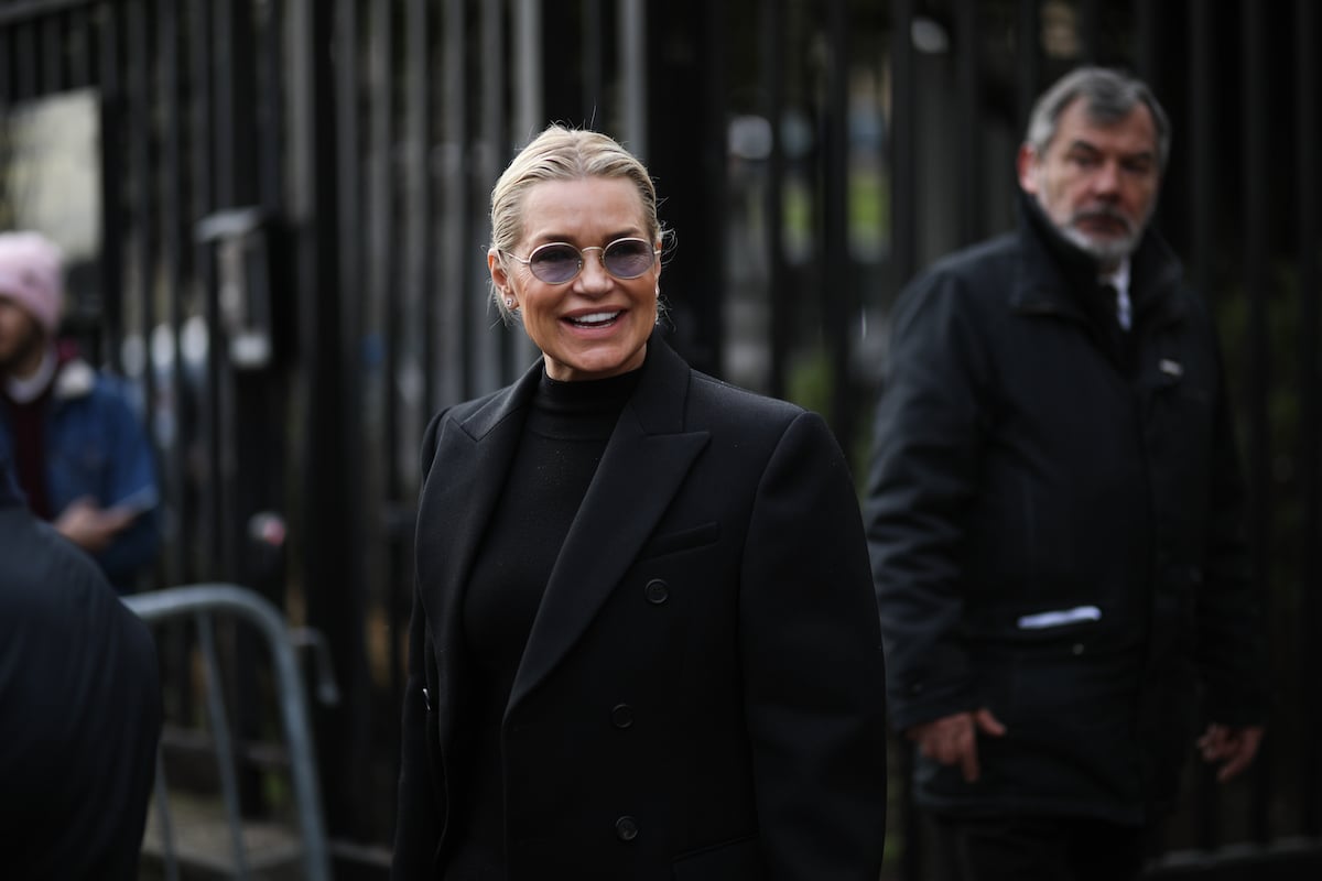 Yolanda Hadid smiles outside the Miu Miu show during 2020 Paris Fashion Week