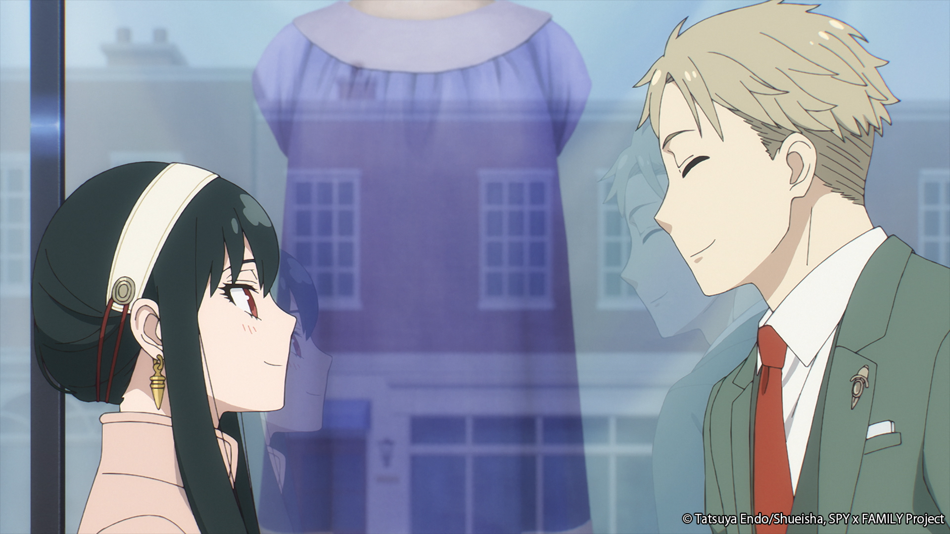 Yor and Loid Forger in 'Spy x Family' Episode 2. They're facing one another in front of a store window and smiling.