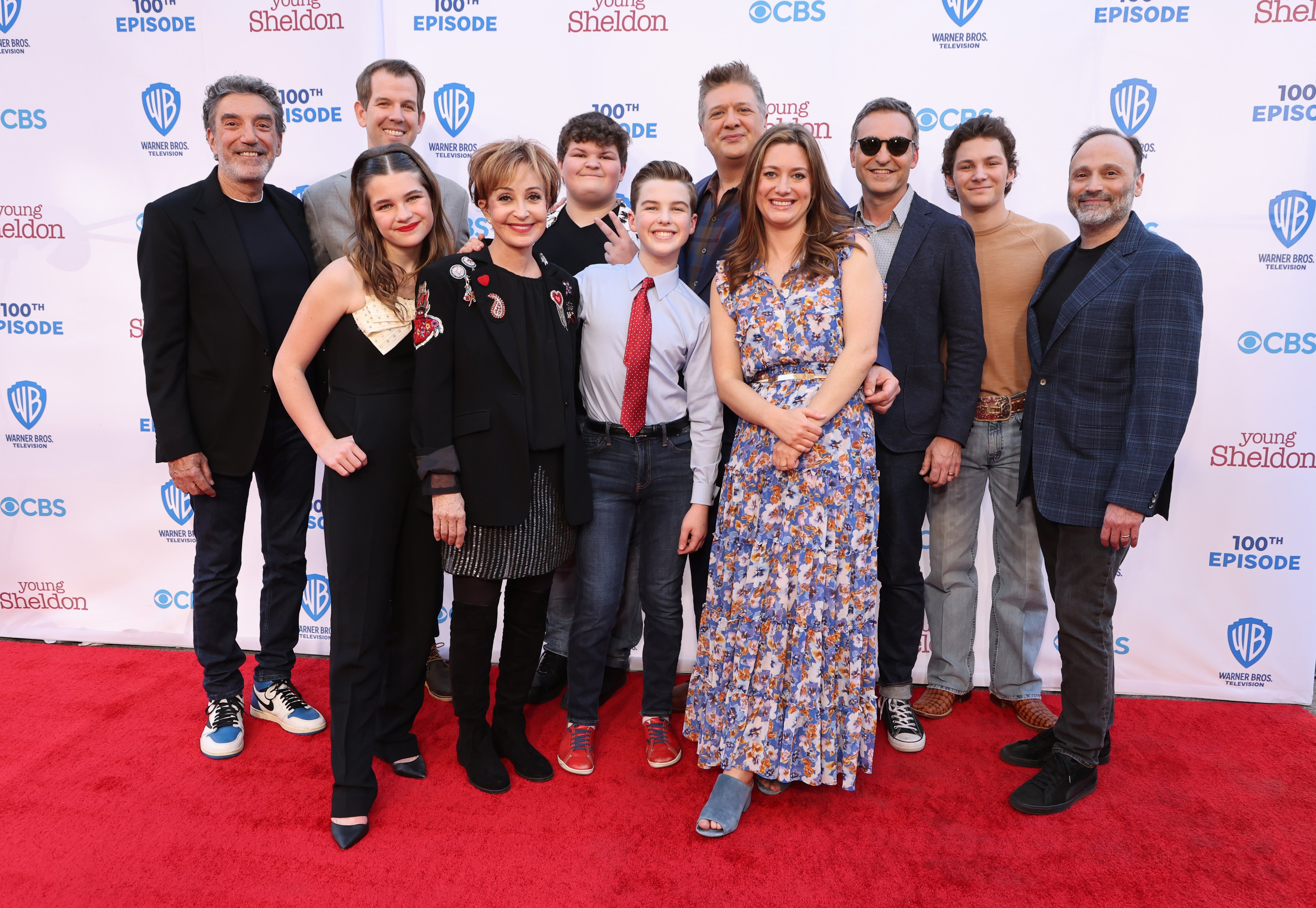 Chuck Lorre, Matt Hobby, Raegan Revord, Annie Potts, Wyatt McClure, Iain Armitage, Lance Barber, Zoe Perry, Steve Holland, Montana Jordan and Steven Molaro attend the premiere of Warner Bros. 100th Episode of "Young Sheldon" at Warner Bros. Studios on March 18, 2022