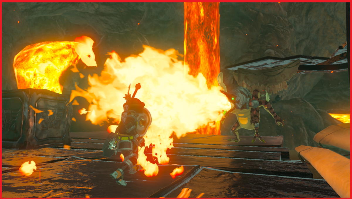 Link in heat resistant armor fighting a Fire Lizalfos in 'The Legend of Zelda: Breath of the Wild'