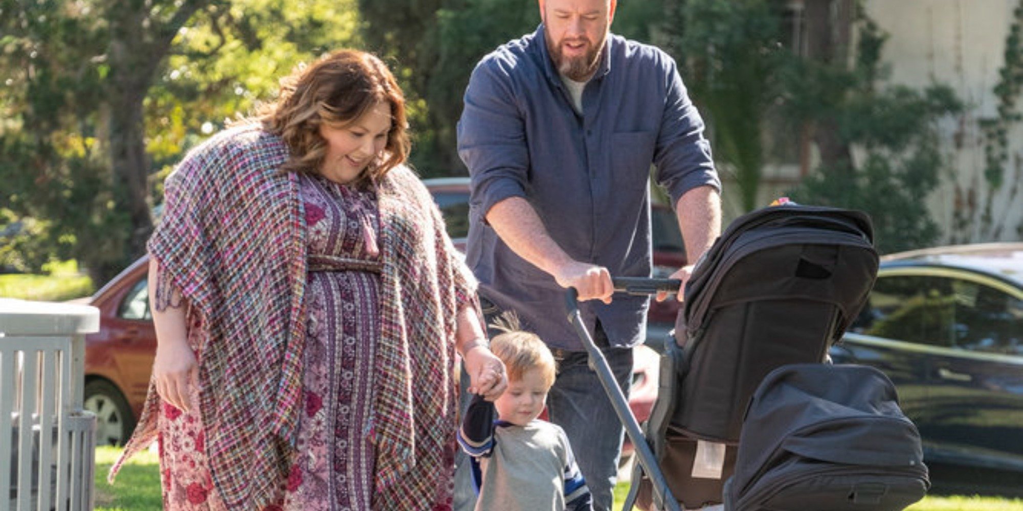 chrissy metz and chris sullivan on the set of this is us as Kate, toby and Jack