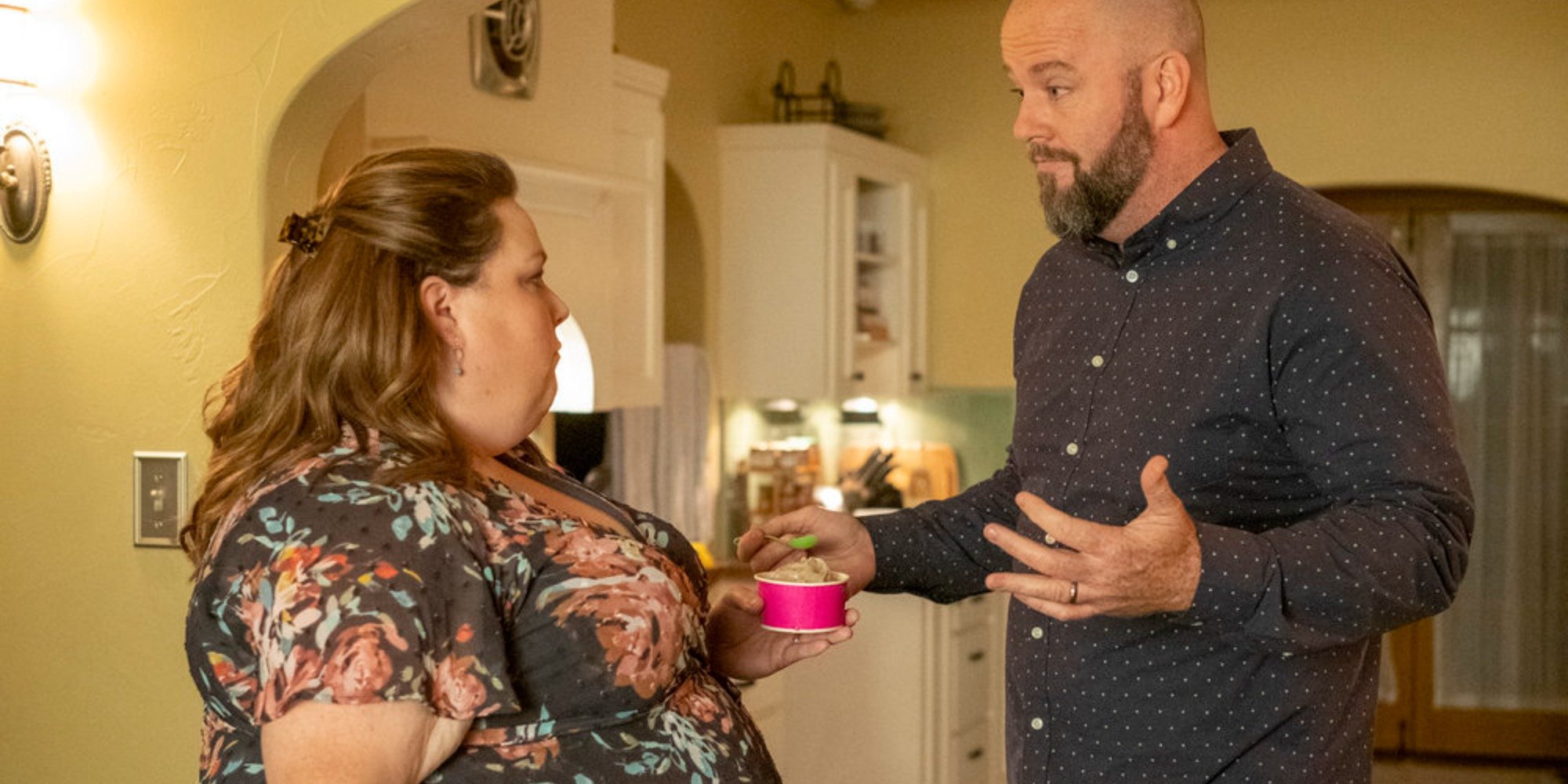 Chrissy Metz and Chris Sullivan on the set of This Is Us.