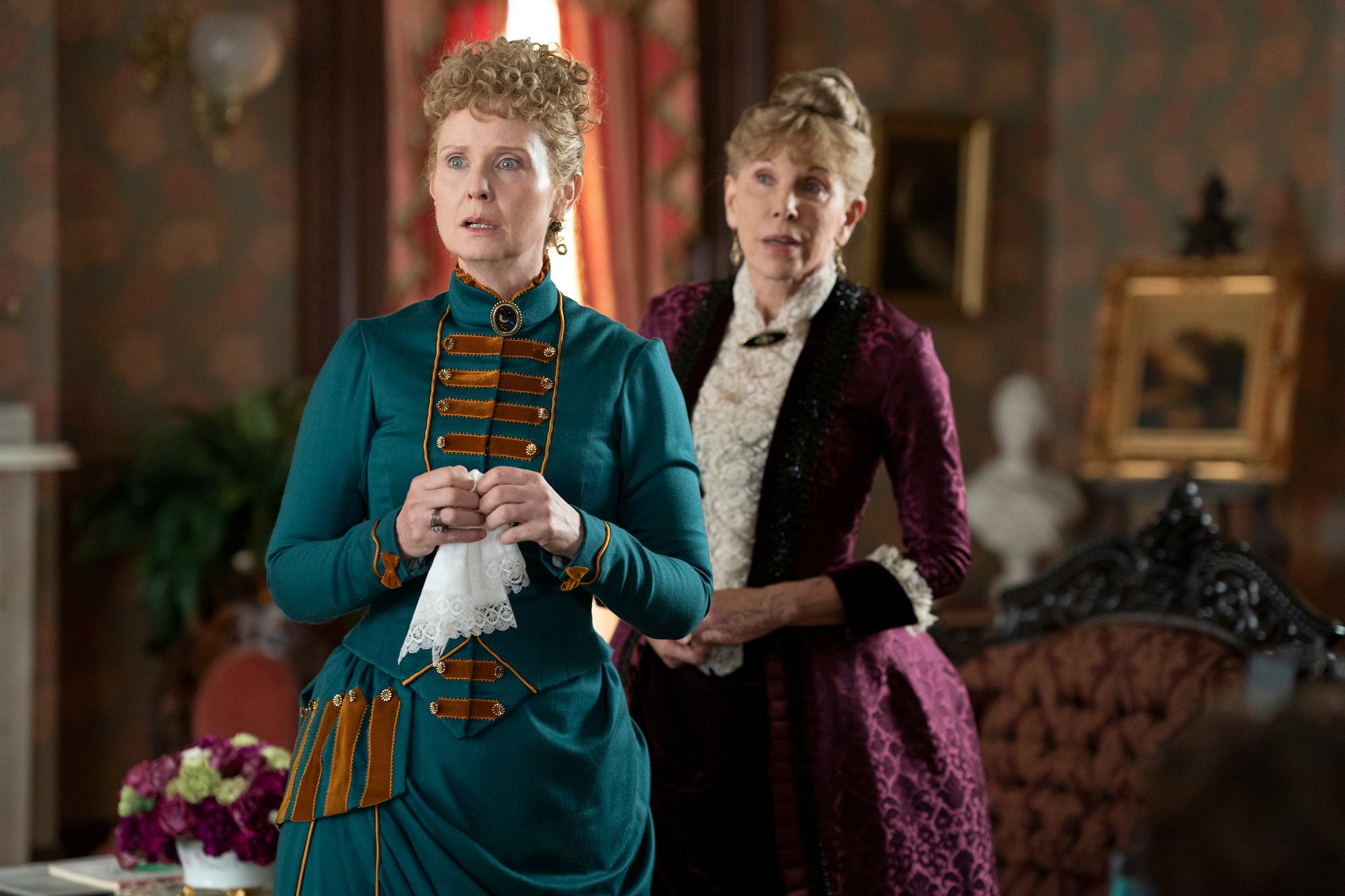 Cynthia Nixon and Christine Baranski looking shocked in 'The Gilded Age' 