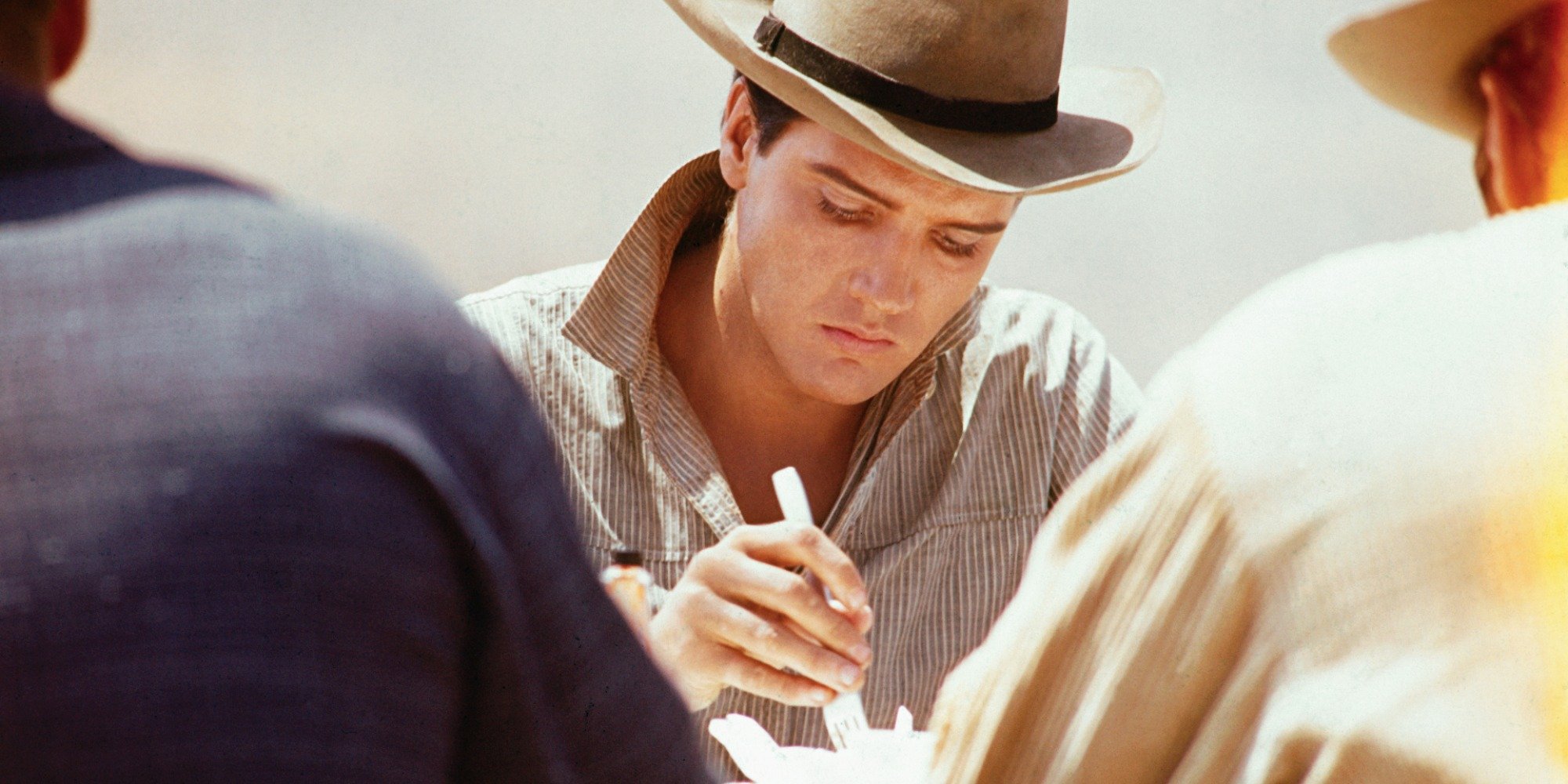 Elvis Presley during a lunch break on the set of the film "Flaming Star."