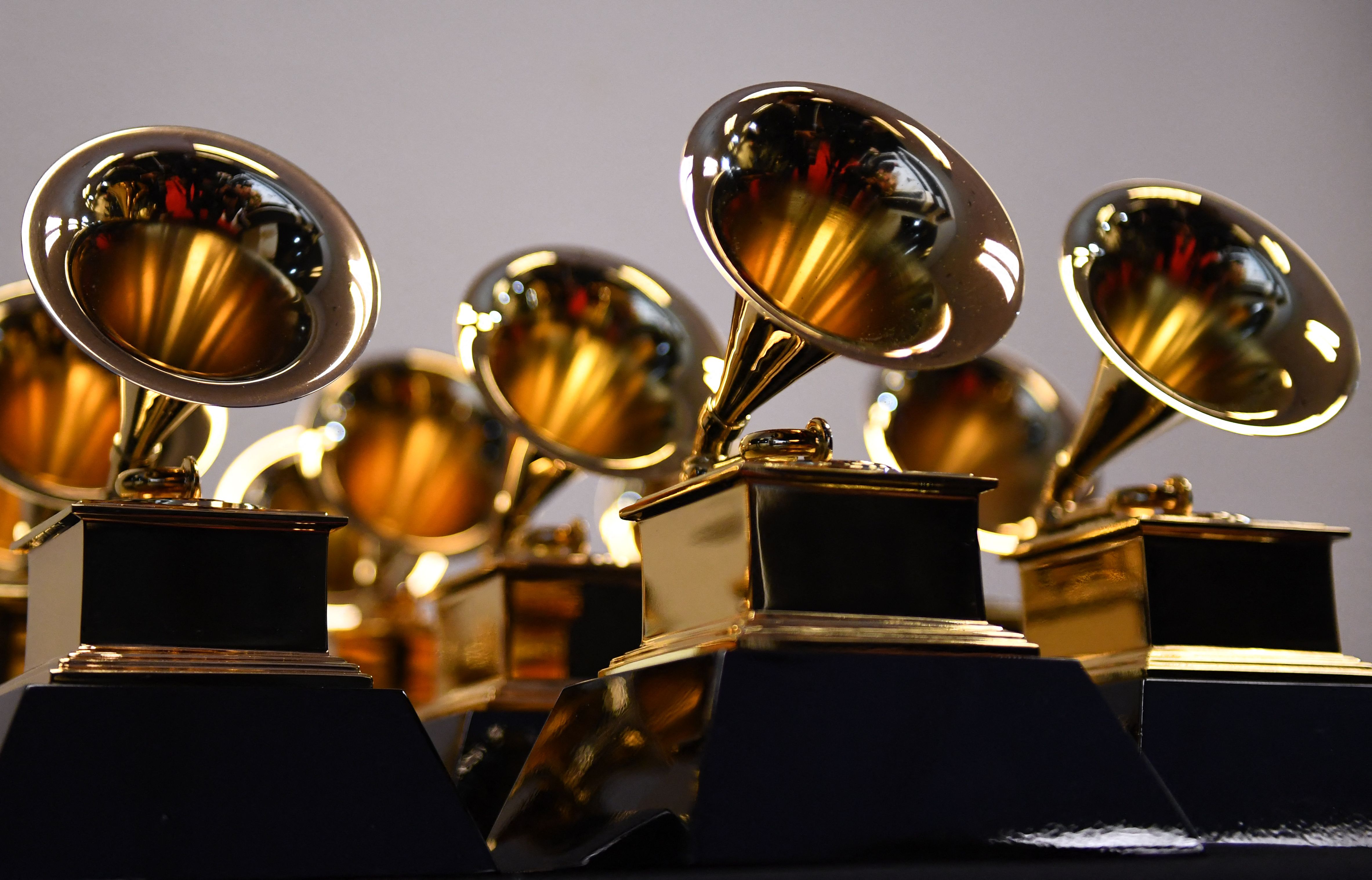 Grammy Award trophies as seen in the press room at the 64th Annual Grammy Awards