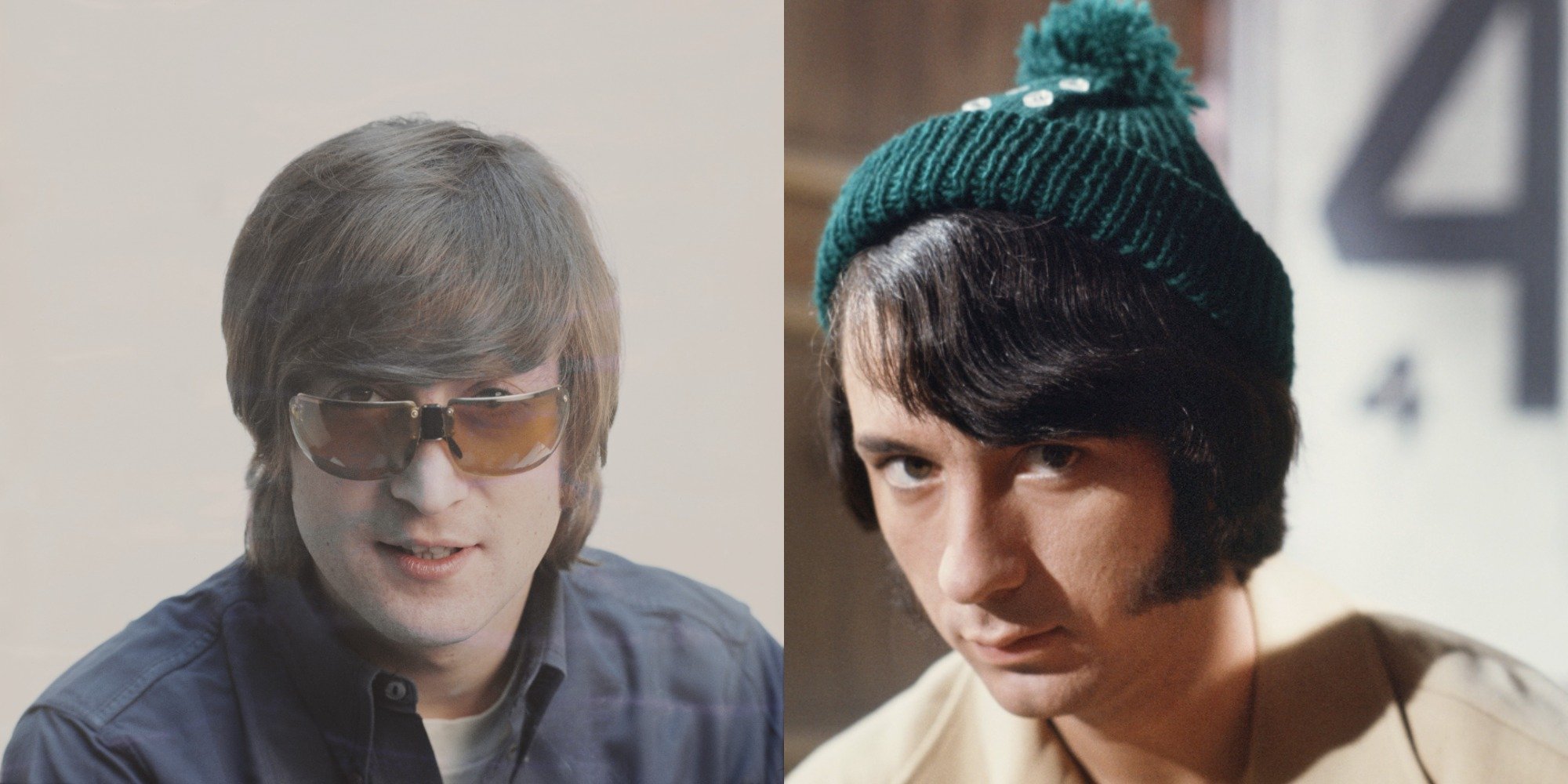 John Lennon and Mike Nesmith in a set of side-by-side photographs.