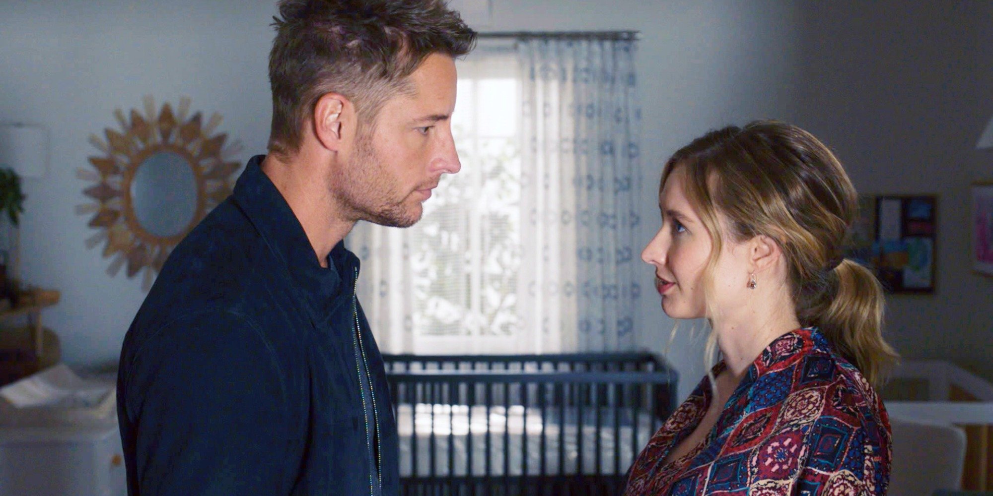 Justin Hartley and Caitlin Thompson on the set of This Is Us.