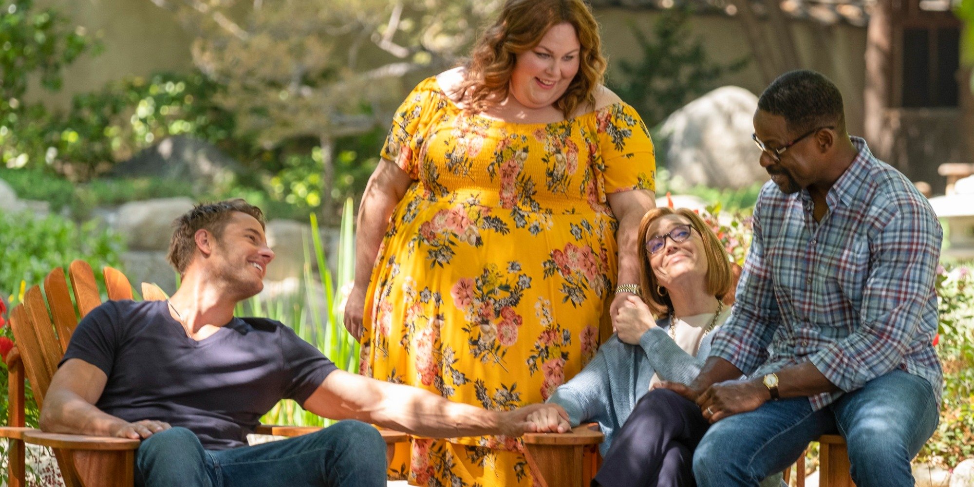 Justin Hartley, Chrissy Metz, Mandy Moore and Sterling K. Brown on the set of "This Is Us."