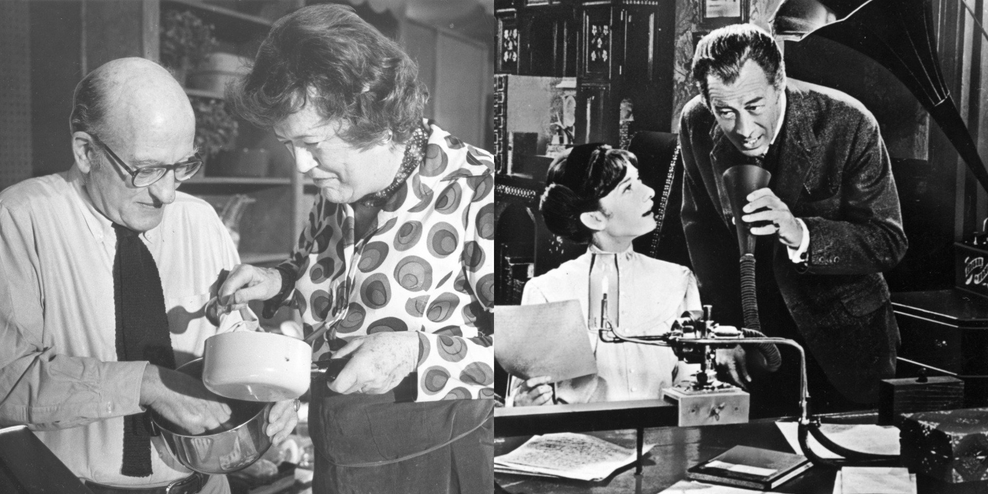 Paul and Julia Child in a photo montage next to My Fair Lady stars Audrey Hepburn and Rex Harrison.