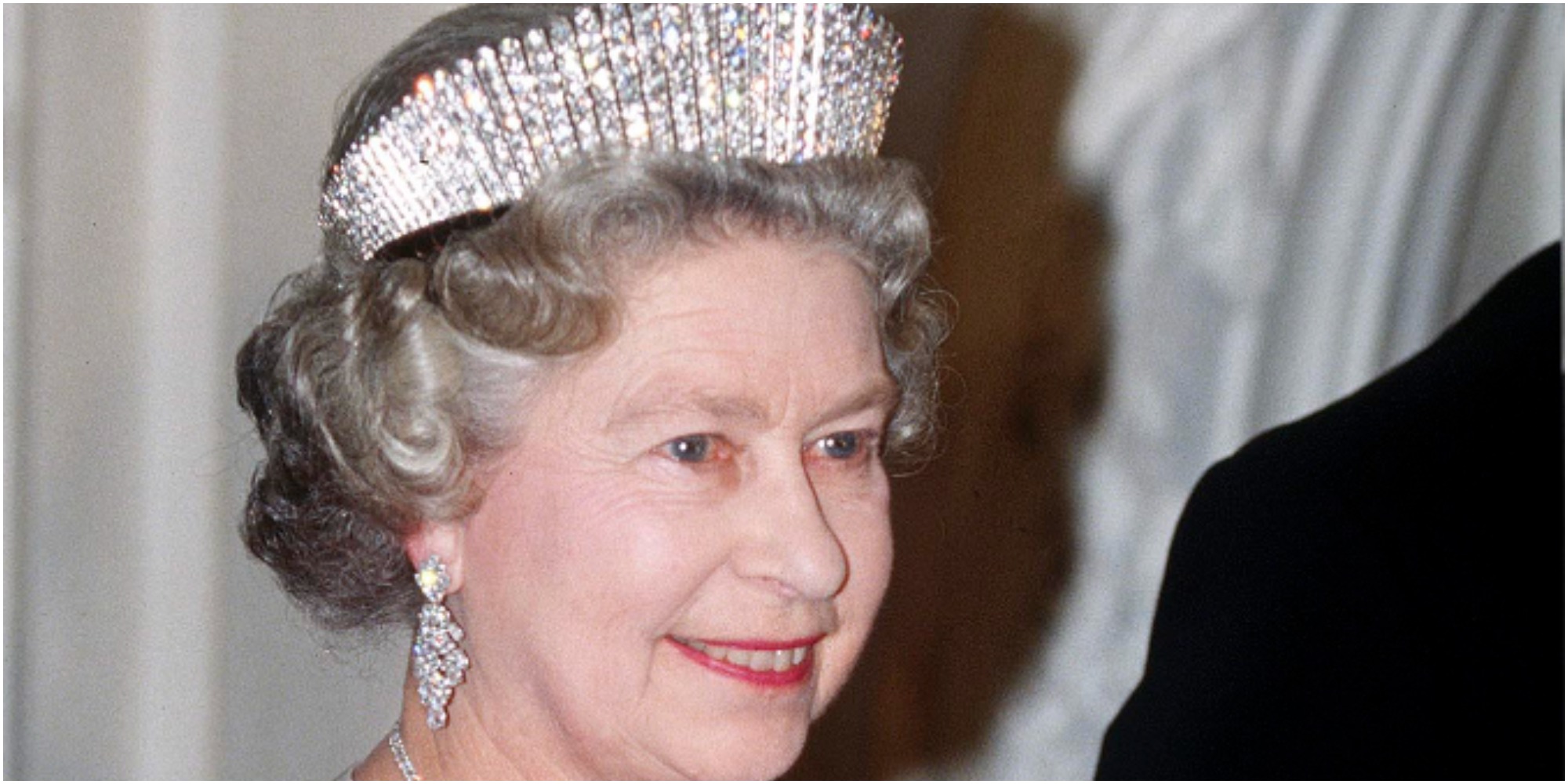 Queen Elizabeth wears her grandmother Queen Mary's Fringe Tiara at the Schloss Augustusburg In Germany.