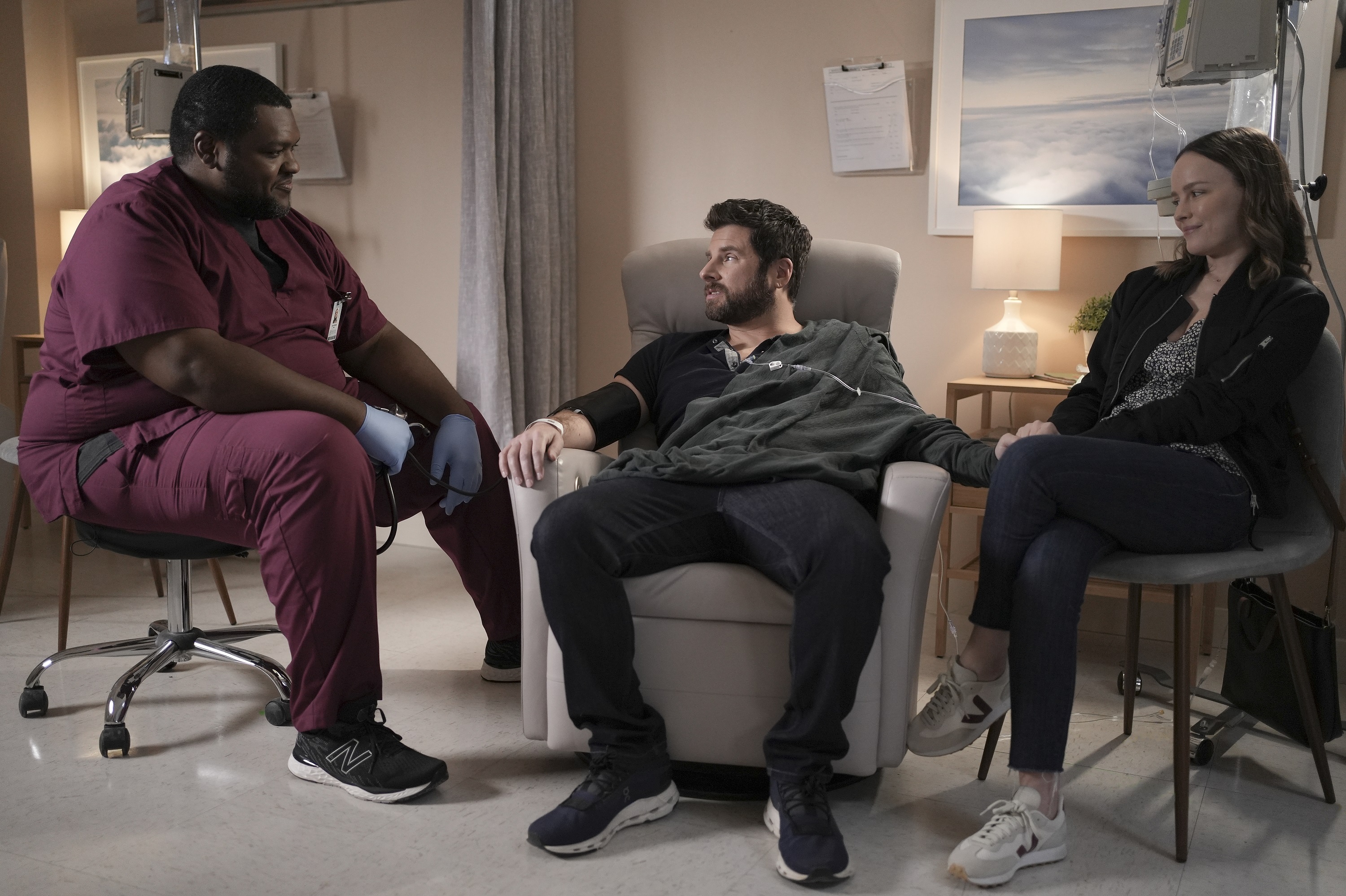 'A Million Little Things' Jordan R. Coleman, James Roday Rodriguez, and Allison Miller sit together talking