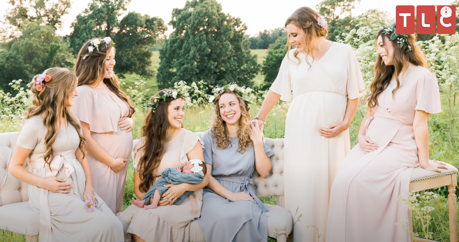 Kendra Duggar, Jessa Duggar, Joy-Anna Duggar, Abbie Duggar, Anna Duggar, and Lauren Duggar from the Duggar family all pregnant and dressed in pastels for a photoshoot