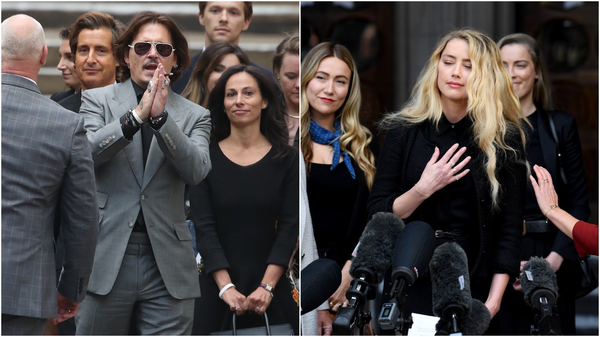 Johnny Depp thanks fans outside of a London courtroom. Amber Heard stands in front of microphones and puts her hand over her heart