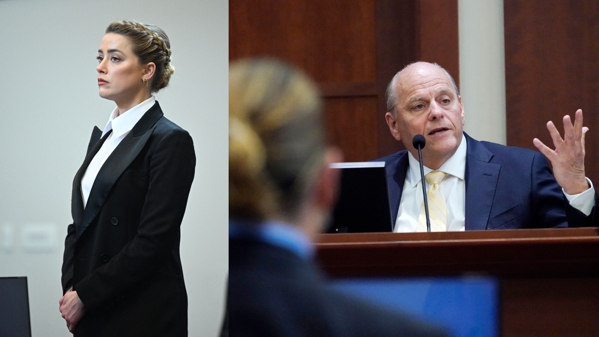 Amber Heard stands in court (L) A witness testifies to the impact of Amber Heard's op-ed (R)