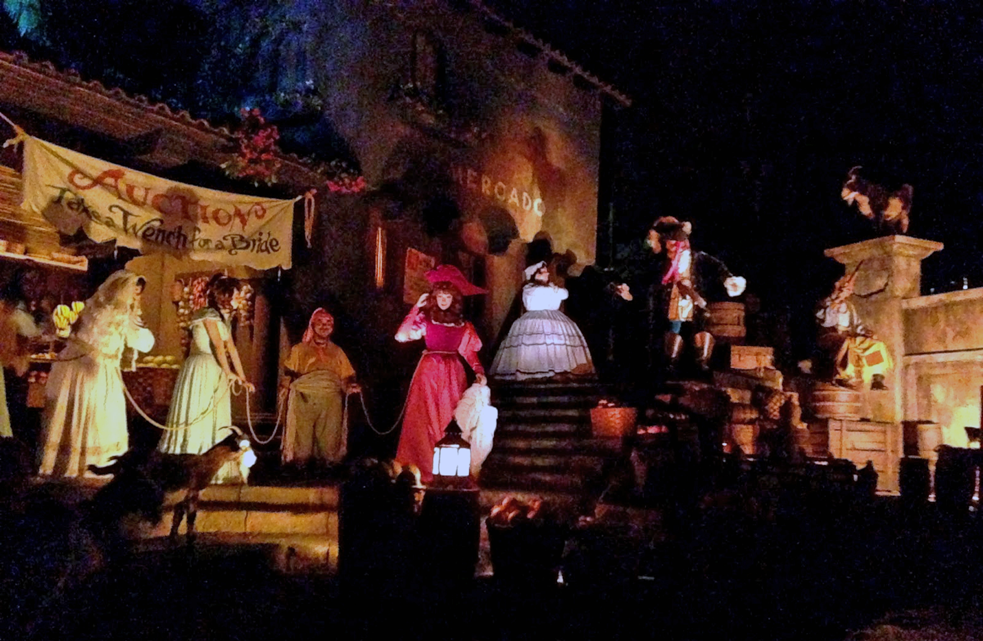 The auction scene in the Pirates of the Caribbean ride at Disneyland