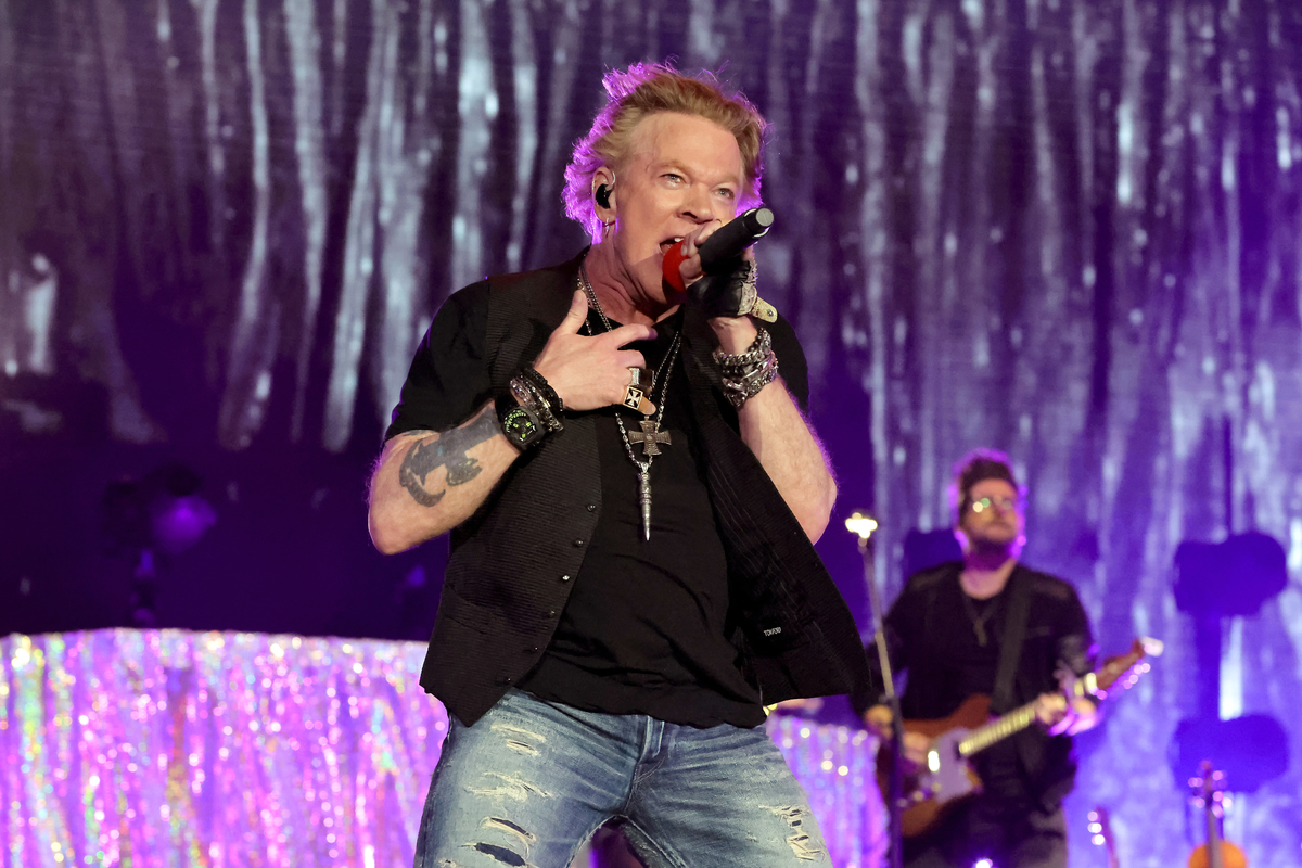 Wearing a black shirt and vest Axl Rose performs on stage at the Stagecoach Festival in Indio, CA.