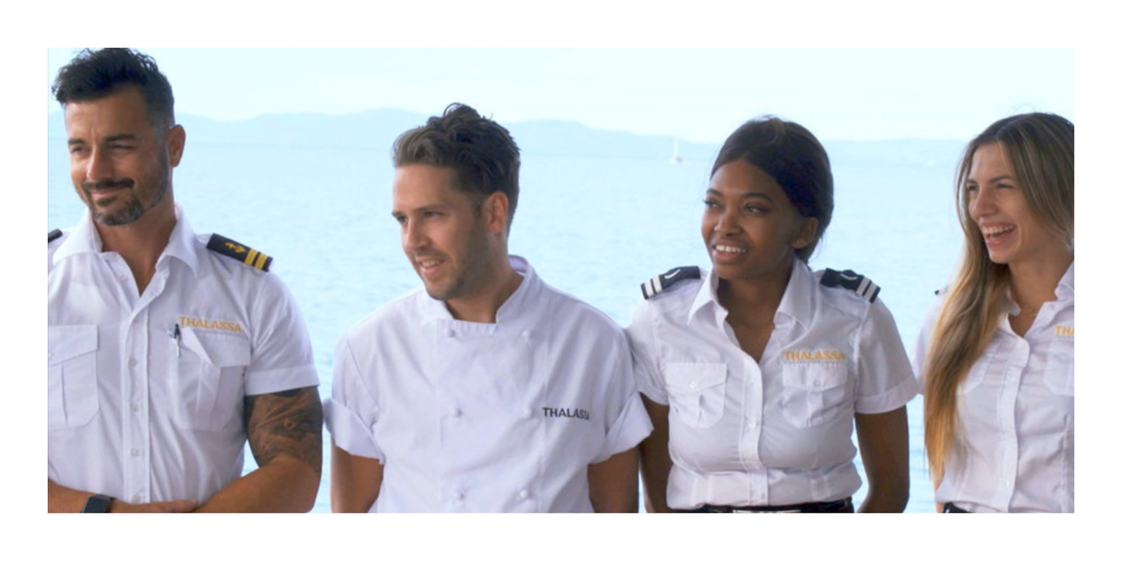 The 'Below Deck Down Under' crew Jamie Sayed, Ryan McKeown, Tumi Mhlongo and Magda Ziomek line up for a guest departure 