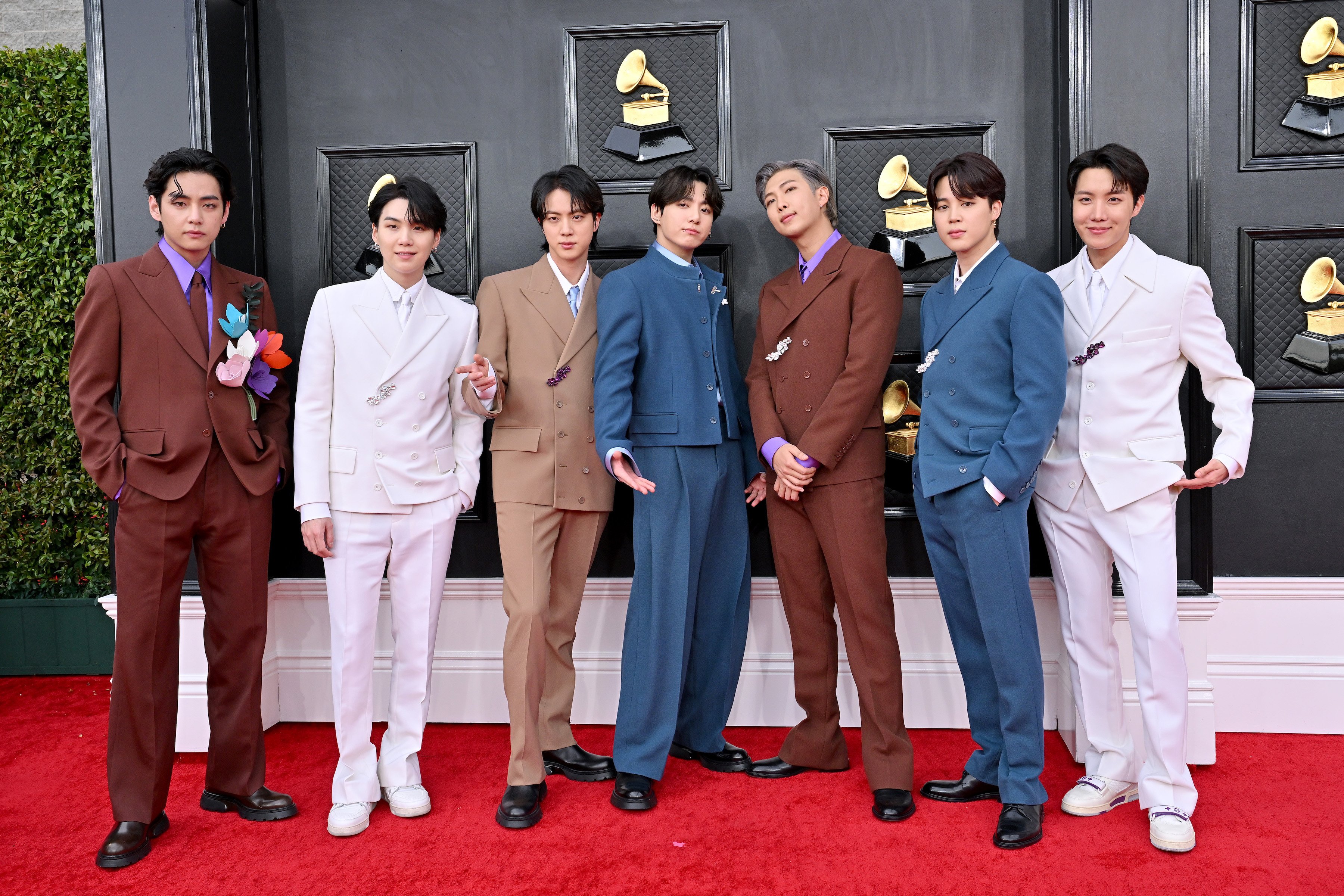 V, Suga, Jin, Jungkook, RM, Jimin, and J-Hope of BTS attends the 64th Annual GRAMMY Awards
