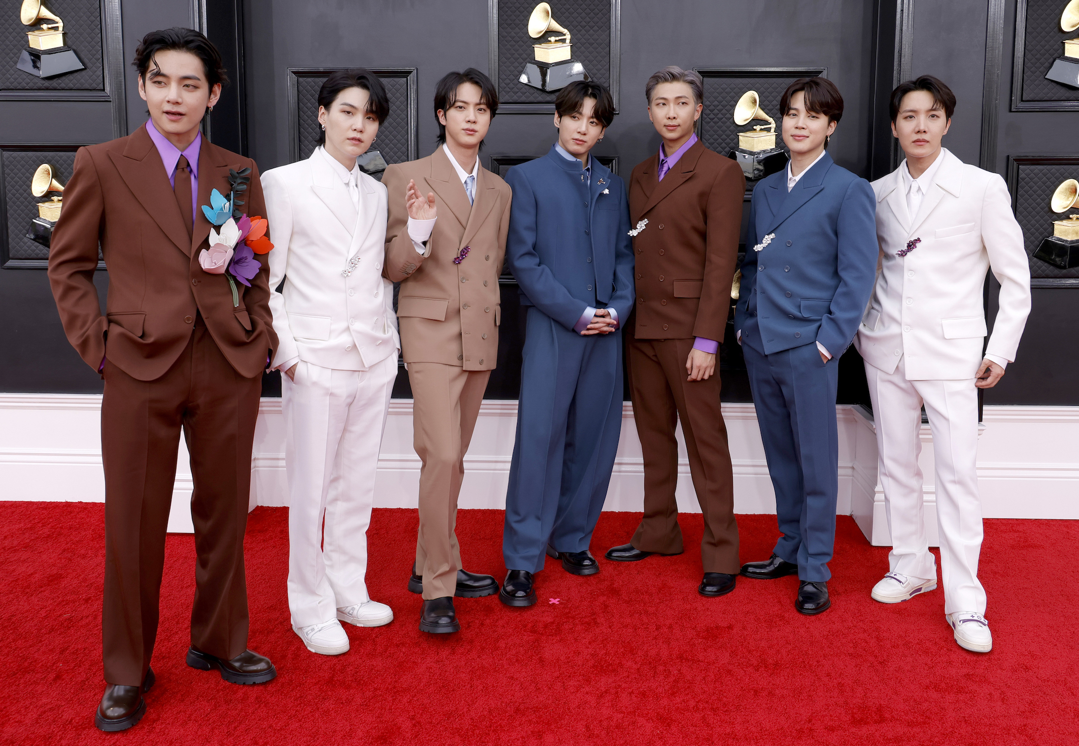V, Suga, Jin, Jungkook, RM, Jimin, and J-Hope of BTS attend the GRAMMY Awards