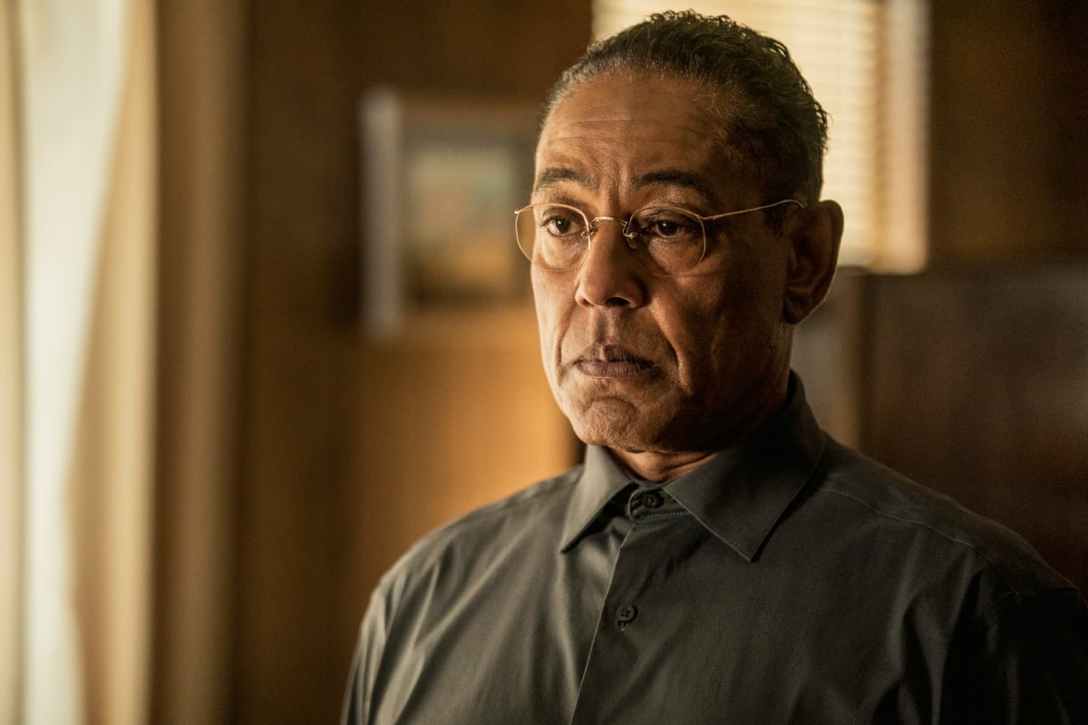 Giancarlo Esposito as Gus Fring in Better Call Saul Season 6. Gus wears a grey button-up shirt. 