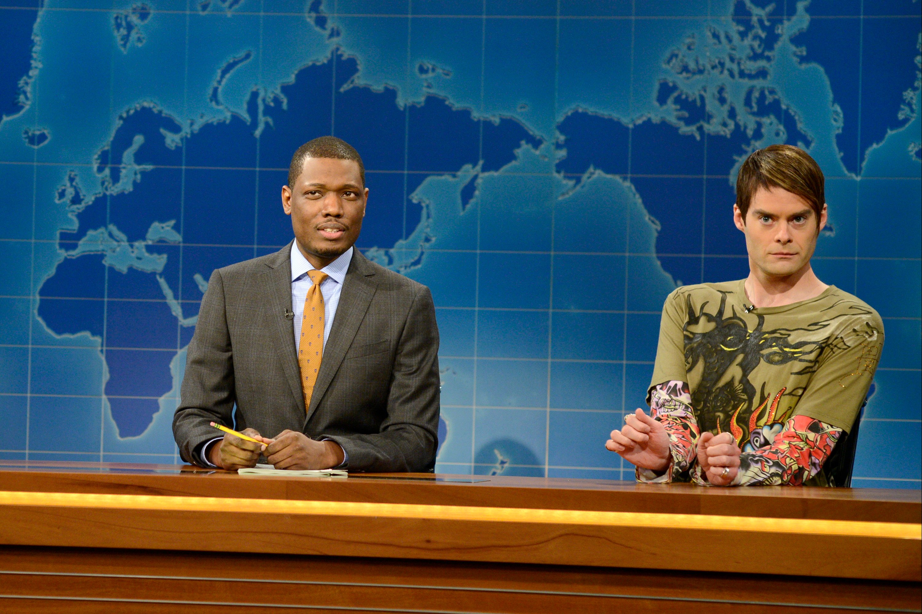 Bill Hader appears as Stefon with Michael Che on Weekend Update on Saturday Night Live (SNL)