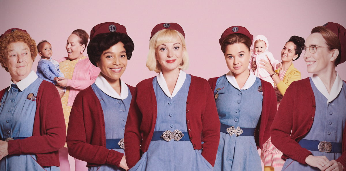 The cast of 'Call the Midwife' Season 11 on a pink background
