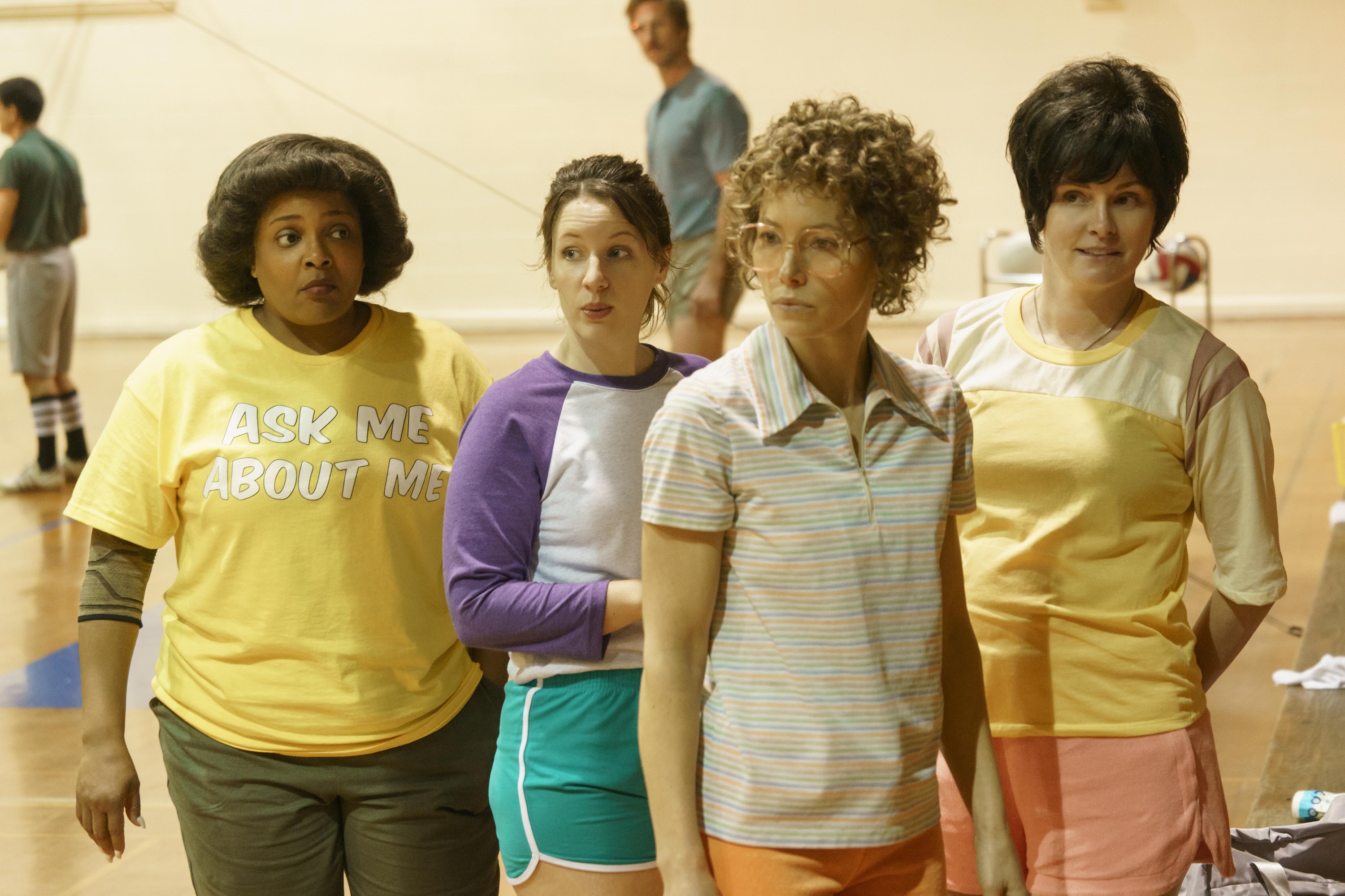 'Candy' Cast members on Hulu stand together looking at something; Sharon Conley as Sandra, Jessie Mueller as Sherry, Jessica Biel as Candy and Jamie Anne Allman as Elaine