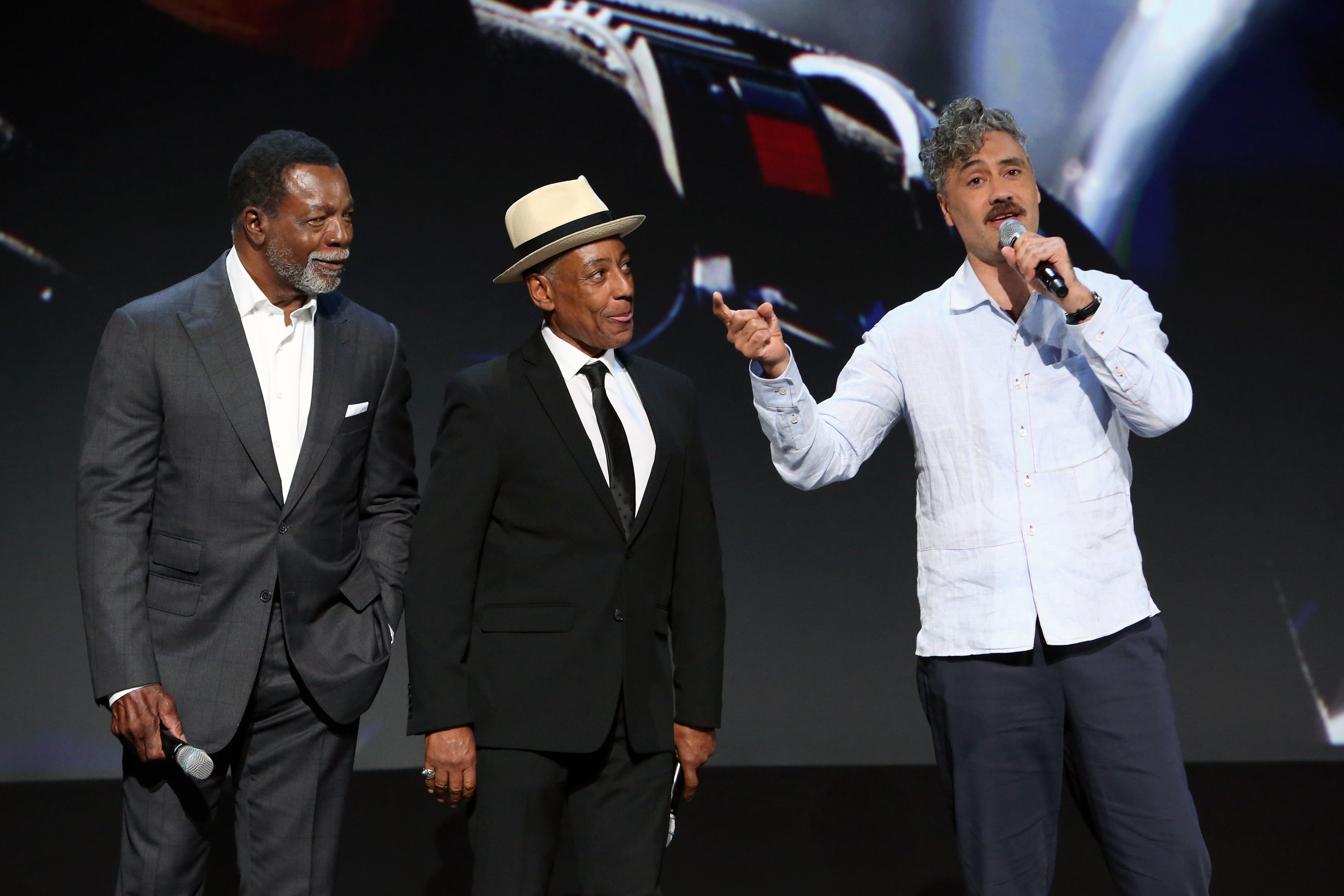 Carl Weathers, Giancarlo Esposito, and movie director Taika Waititi attend the 2019 D23 Expo to discuss the Star Wars TV show The Mandalorian