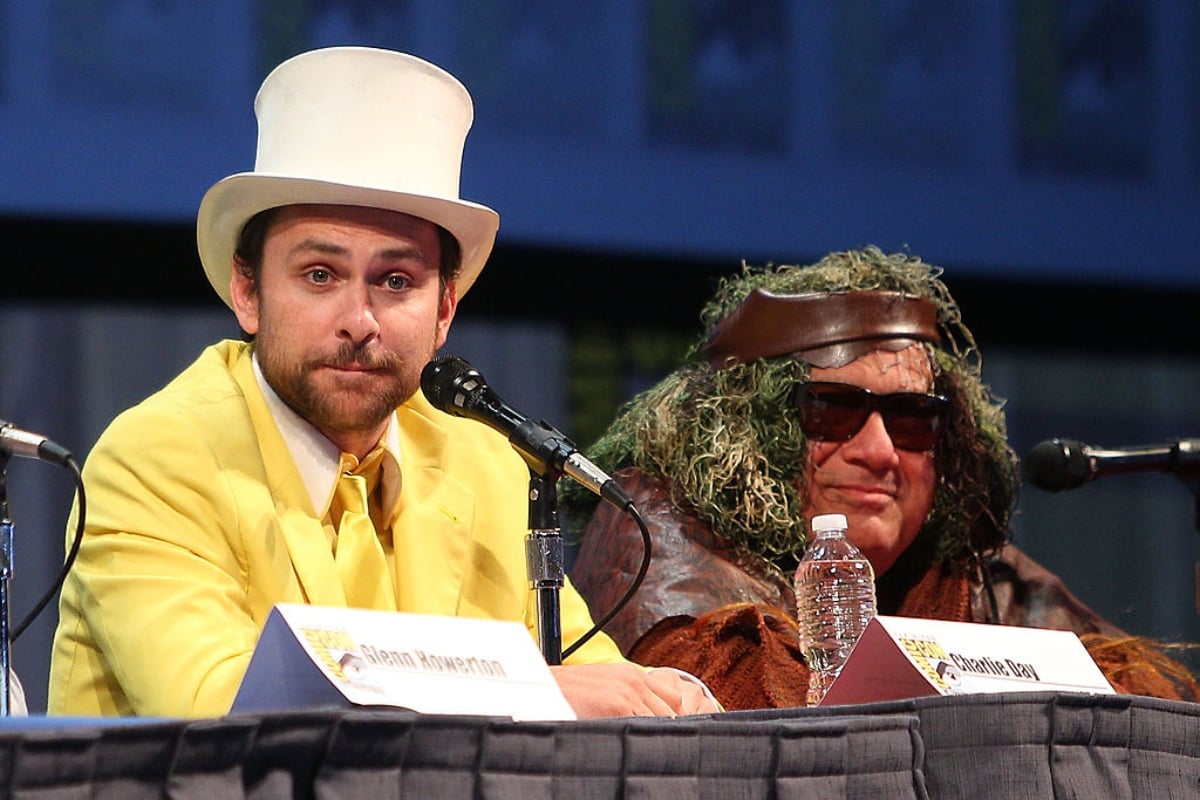 Charlie Day dressed as 'Dayman' and Danny DeVito dressed up during Comic Con for 'It's Always Sunny in Philadelphia'.