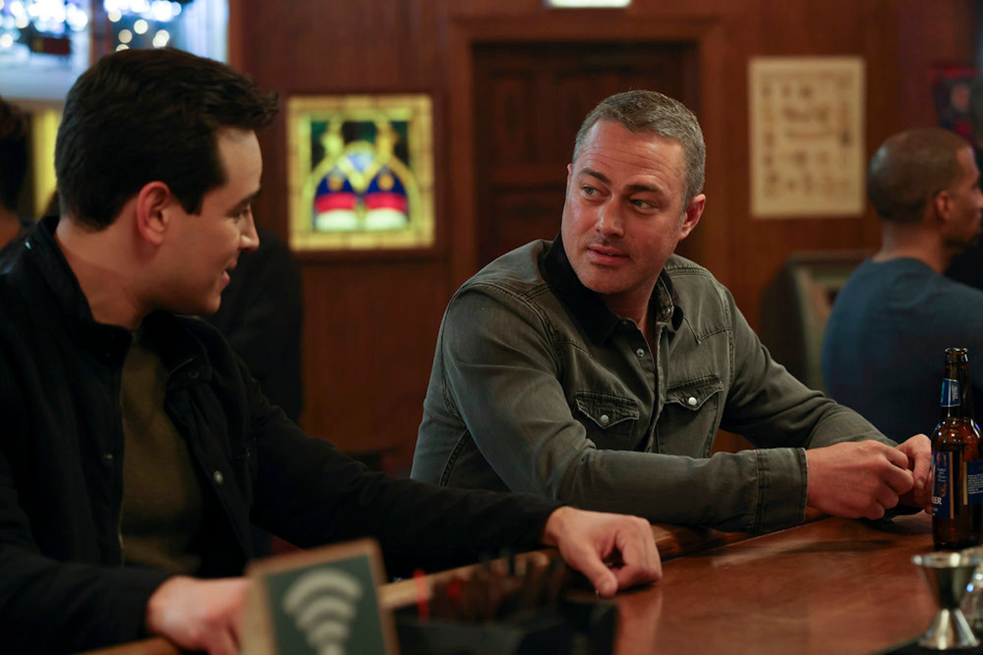 Kelly Severide and Blake Gallo  speaking to each other in a bar in 'Chicago Fire' Season 10 Episode 20