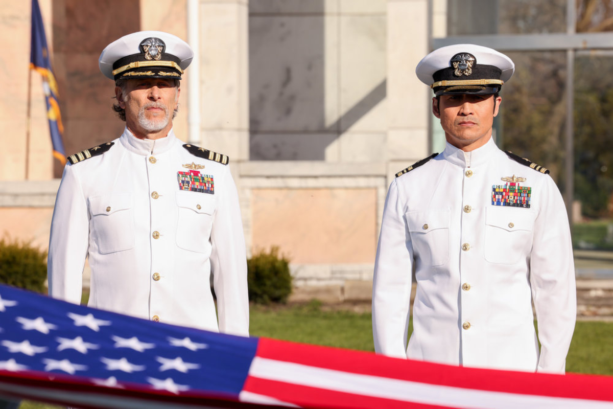 Dr. Dean Archer and Dr. Ethan Choi in the Chicago Med Season 7 finale. Archer and Ethan wear their military uniforms at Patrick's military committal service.  