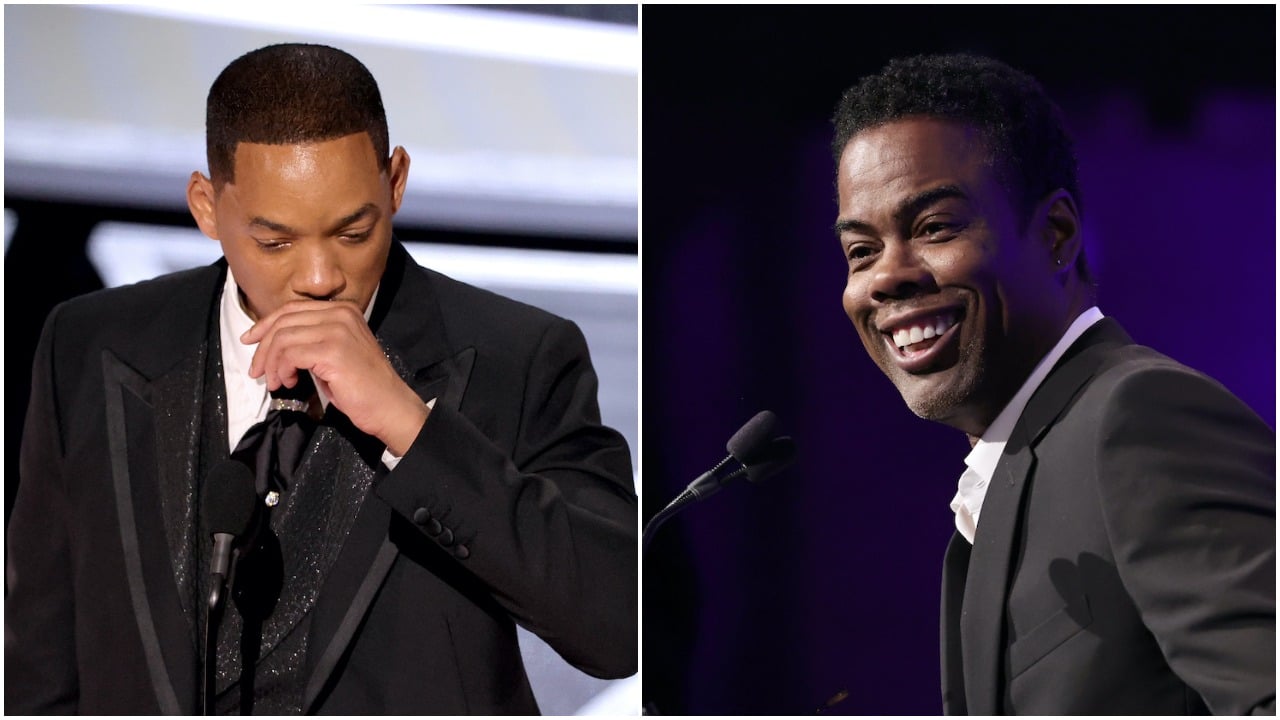 Will Smith (left) accepts his best actor at the 2022 Oscars; Chris Rock (right) at the National Board of Review gala in 2022. Rock called out Smith's rapping talent two months after Smith slapped him at the Oscars.
