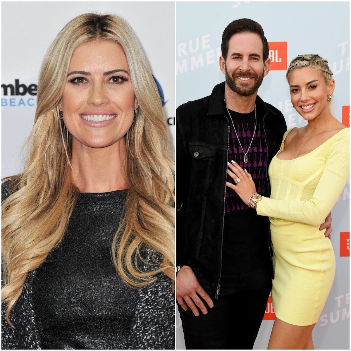 Left: Christina Haack in 2019; right: Tarek El Moussa and Heather Rae Young pose together in 2021