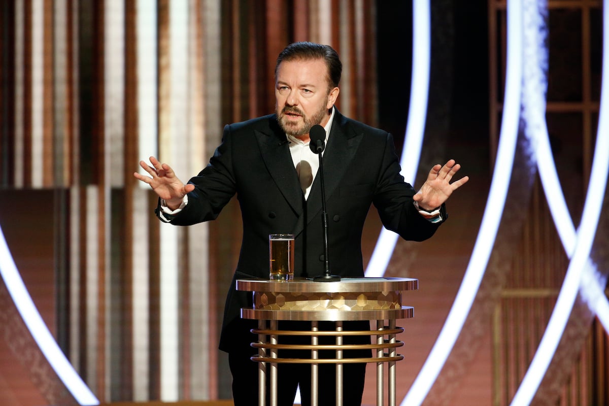 Golden Globes host Ricky Gervais speaks onstage in 2020