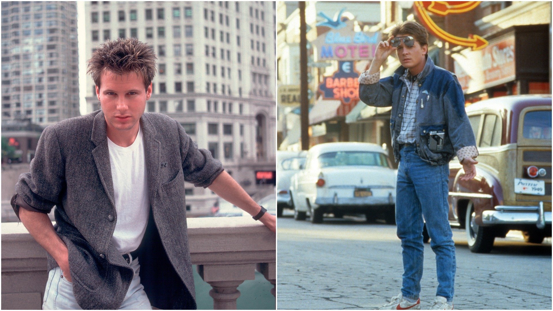 Corey Hart poses for a promotional photo in 1984. Michael J. Fox pulls the sunglasses above his eyes in a shot from 'Back to the Future.'