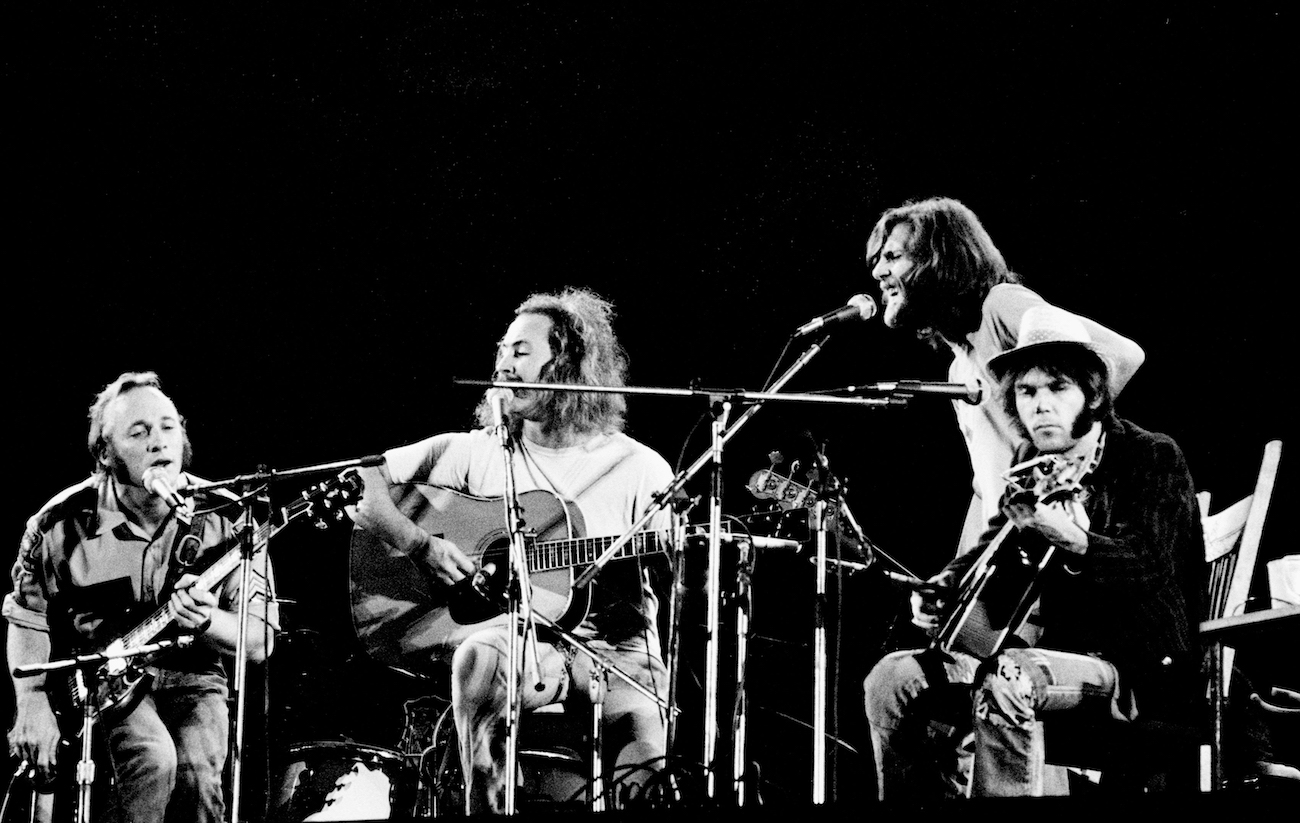 Crosby, Stills, Nash & Young performing in London, 1974.