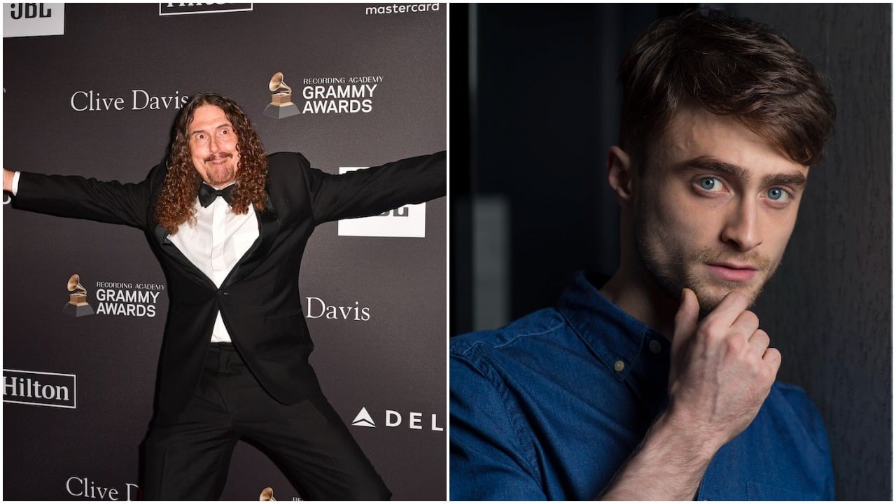 Weird Al Yankovic arrives at a 2019 Grammys party (left); Daniel Radcliffe promotes his movie 'What If' in Toronto. Radcliffe and Yankovic both have healthy net worths.