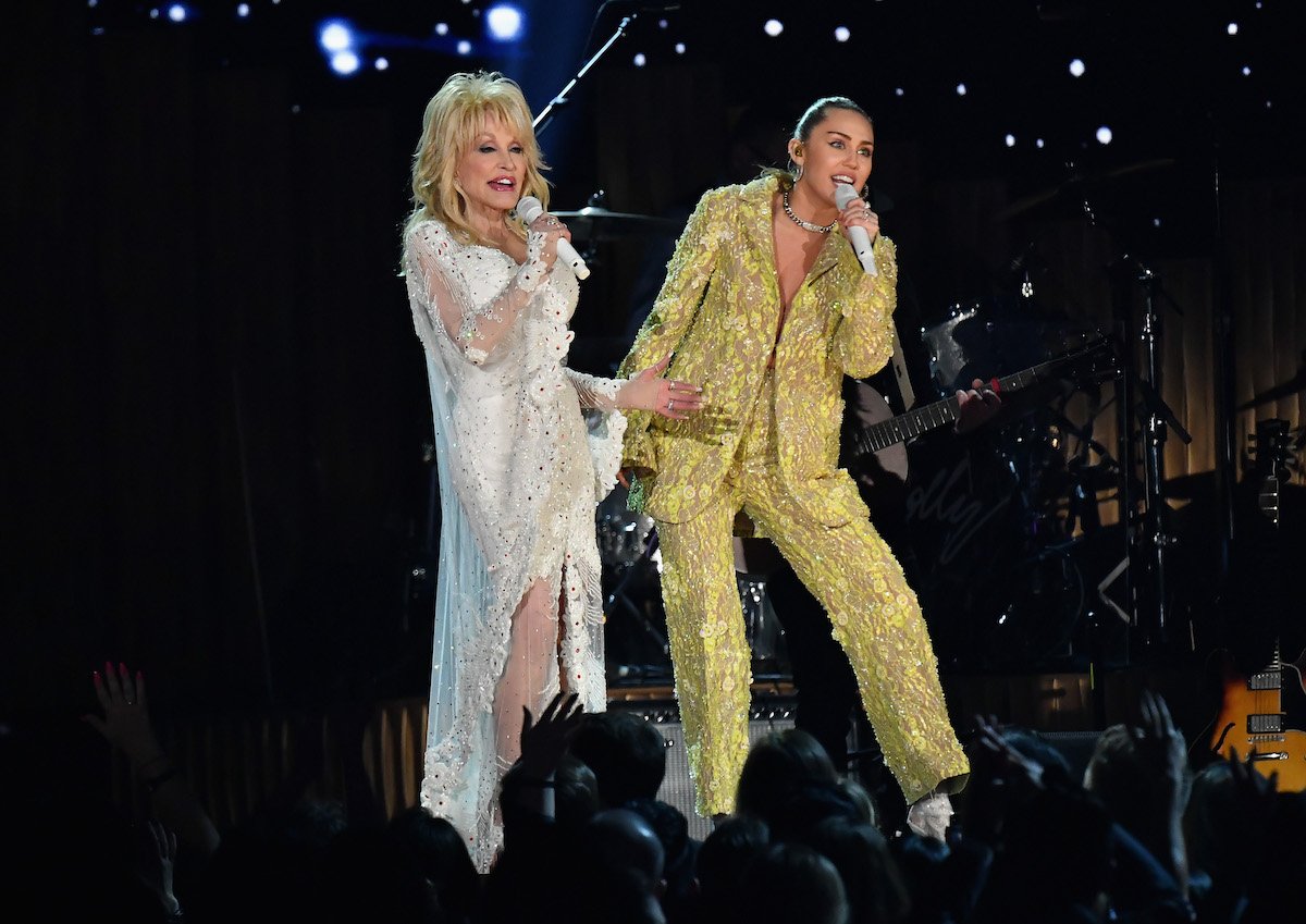 Country star Dolly Parton and Miley Cyrus perform onstage during the 61st Annual GRAMMY Awards