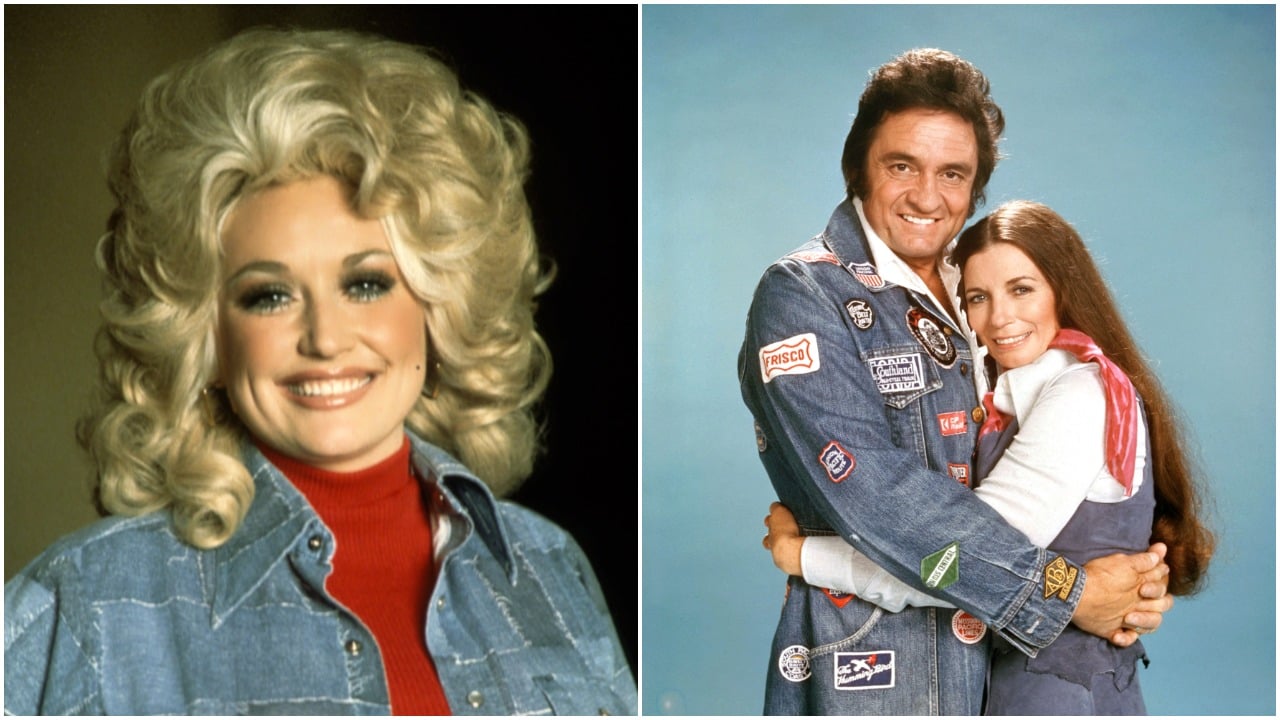 Dolly Parton wears a red turtleneck and a denim shirt. Johnny Cash and June Carter Cash both wear denim and embrace each other.