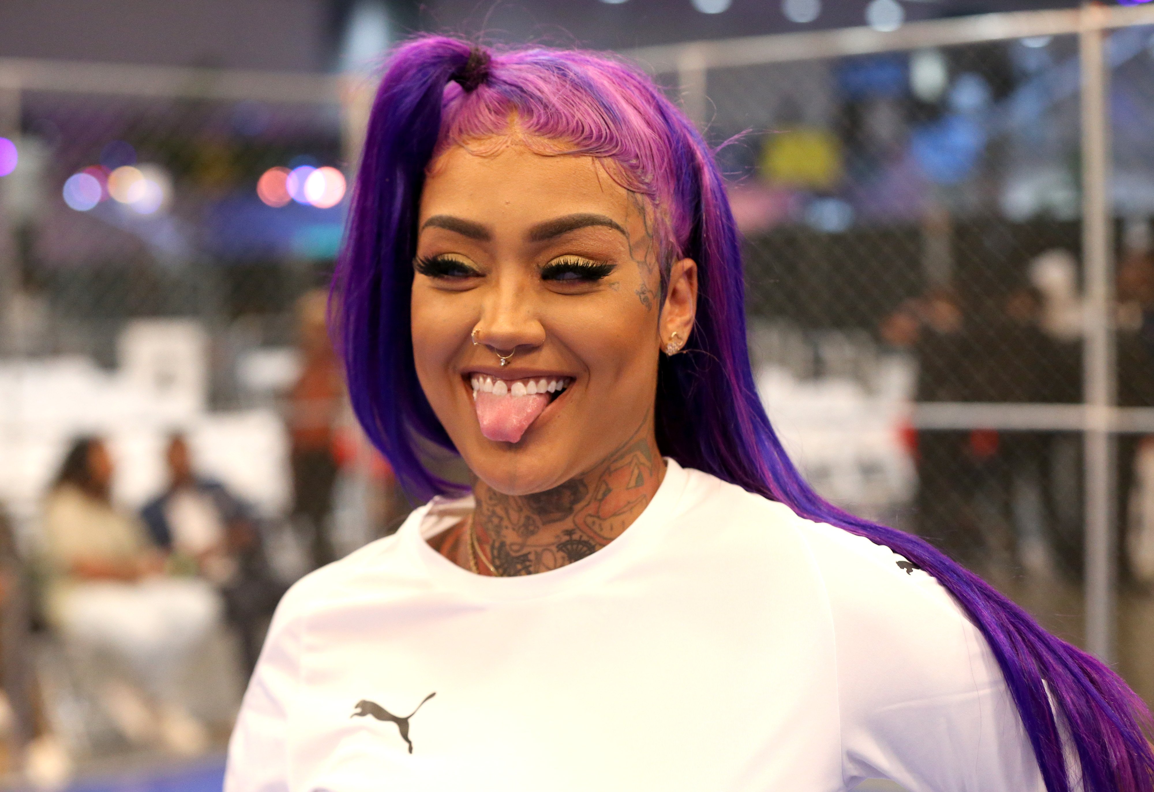 Donna Lombardi playfully sticking her tongue out during the 2019 BET Experience Celebrity Dodgeball Game