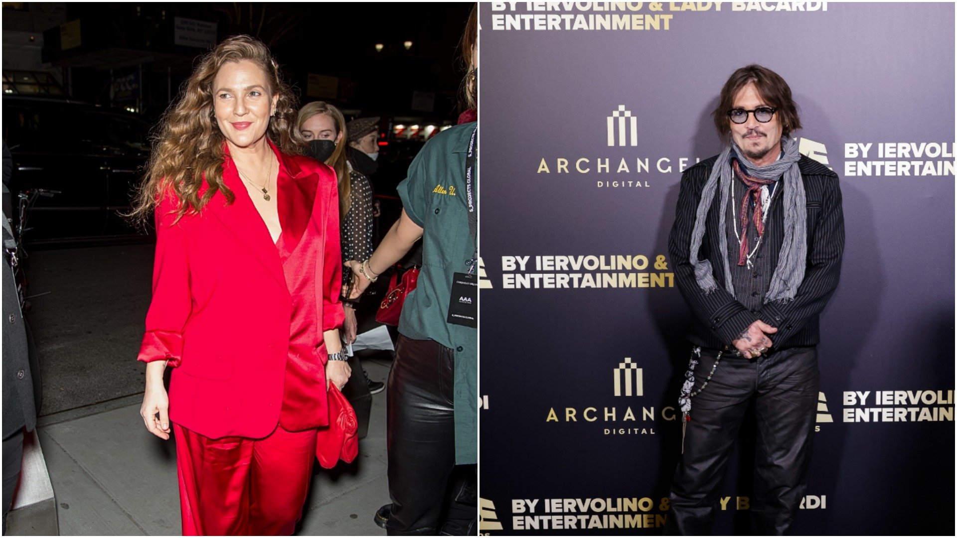 Drew Barrymore wears all red and is spotted on the street. Johnny Depp  smiles at an event step and repeat. 