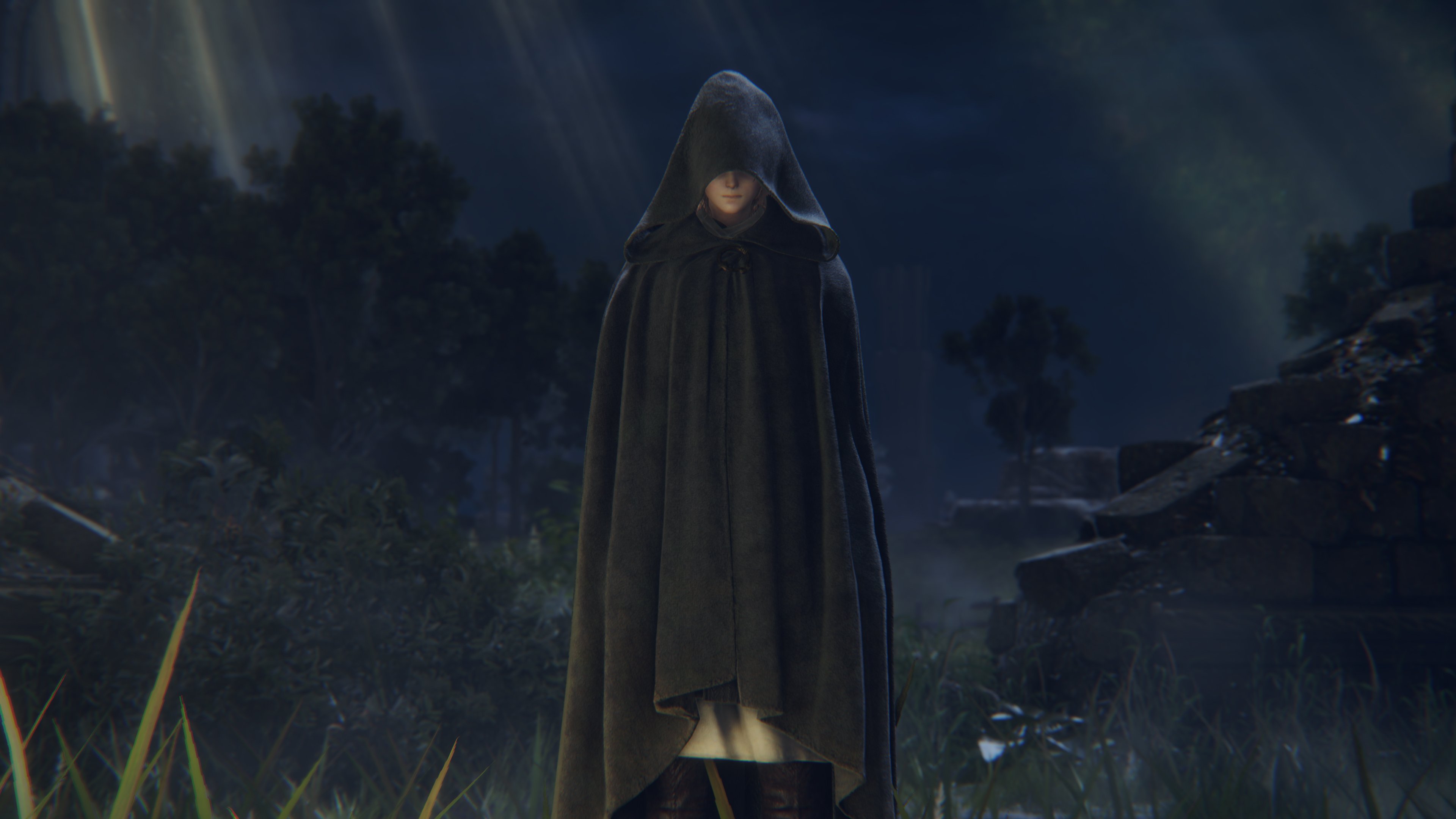 A hooded character stands in a field on the 'Elden Ring' map. 