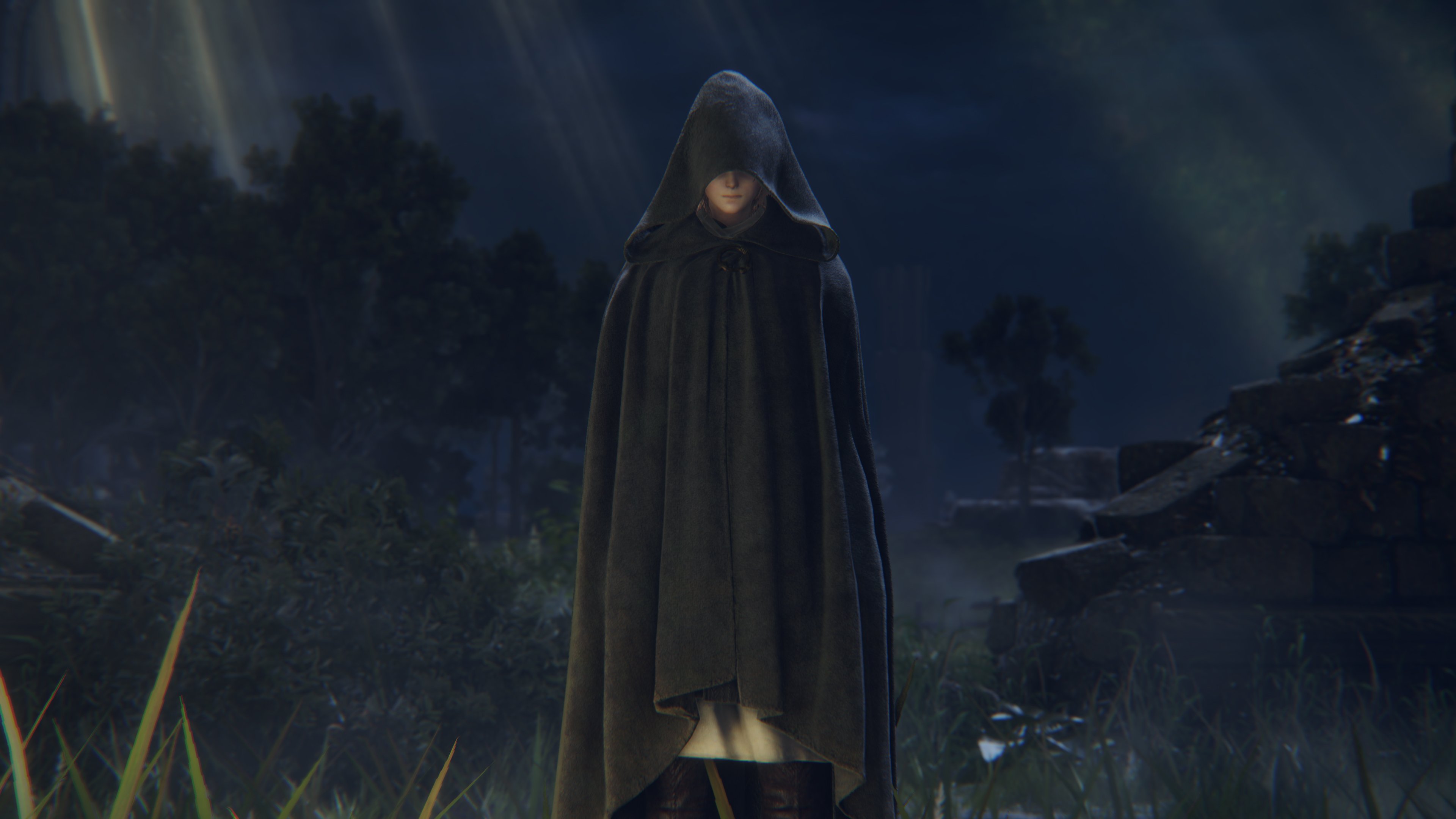 A hooded character stands in a field on the 'Elden Ring' map.