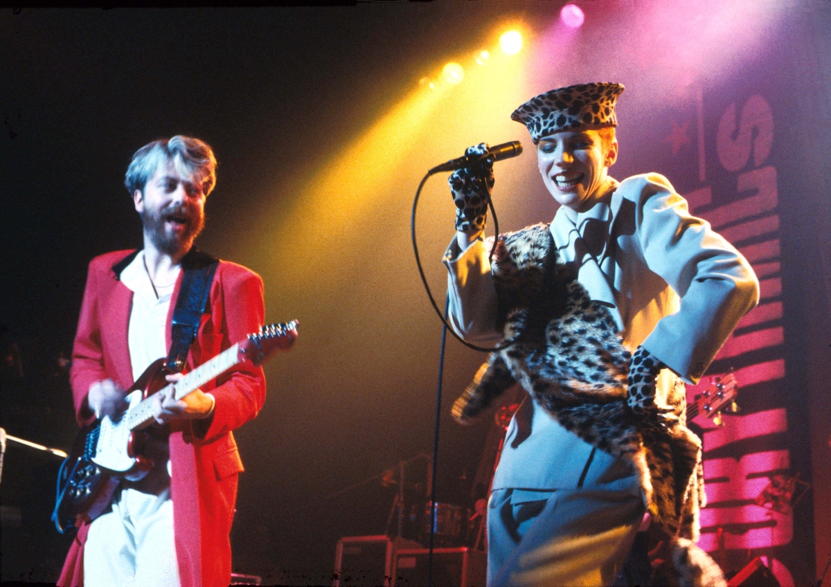 Eurythmics, who are part of the Rock & Roll Hall of Fame class of 2022, perform on stage at an unknown venue in 1980.