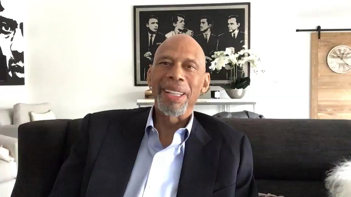 Former NBA player Kareem Abdul-Jabbar speaks to Jimmy Kimmel in 2020