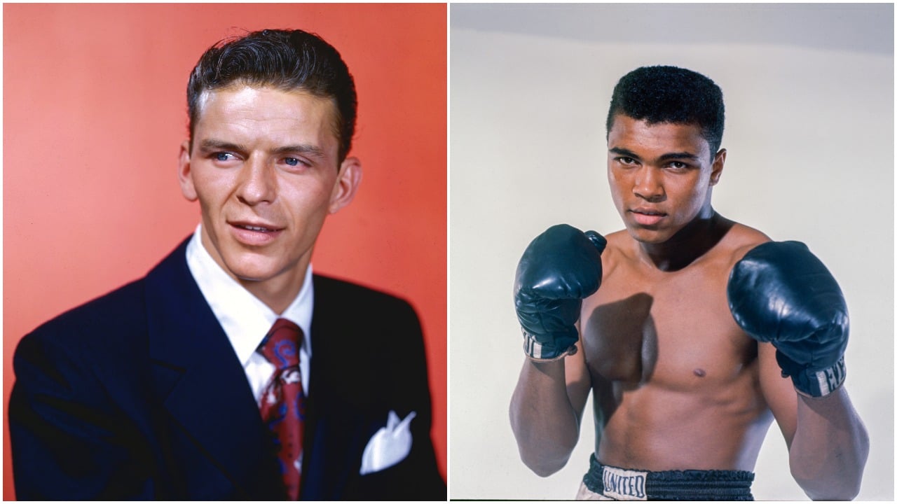 Frank Sinatra wears a suit and sits against a red background. Muhammad Ali is shirtless and has boxing gloves against a white background.