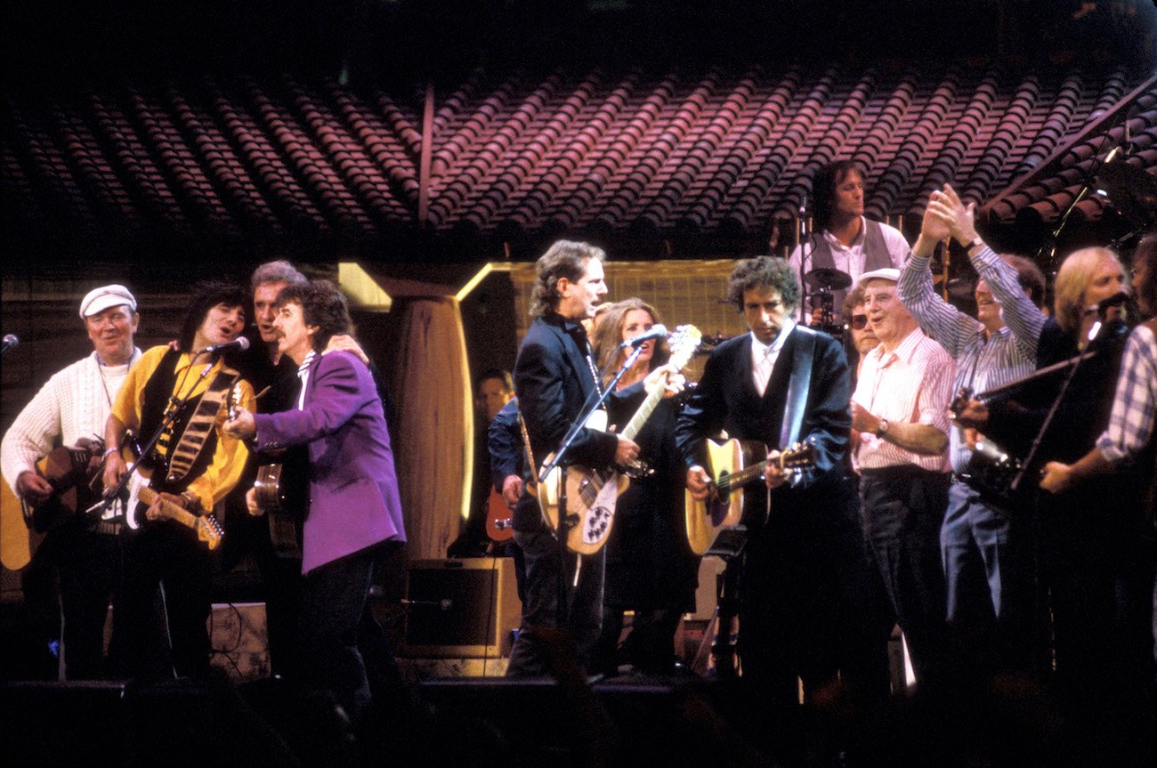 George Harrison, Bob Dylan, Tom Petty and others performing at Bob Dylan's 30th Anniversary Celebration in 1992.